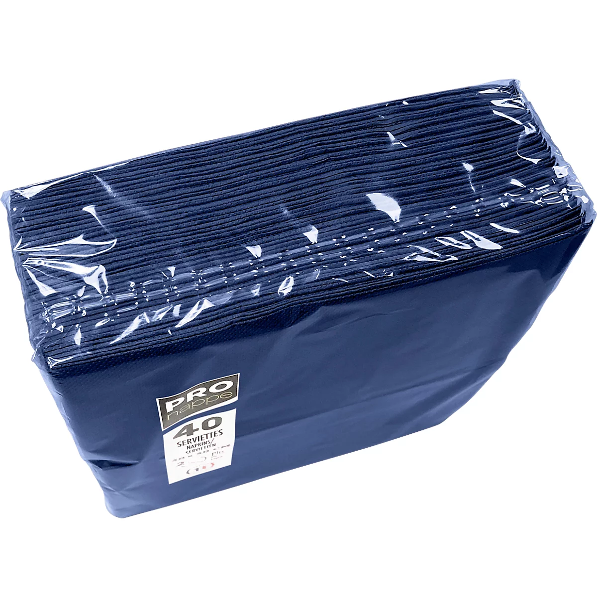 Serviettes bleu foncé, emballées dans du papier d'aluminium. L'emballage indique "PRO", en dessous "40 Serviettes".