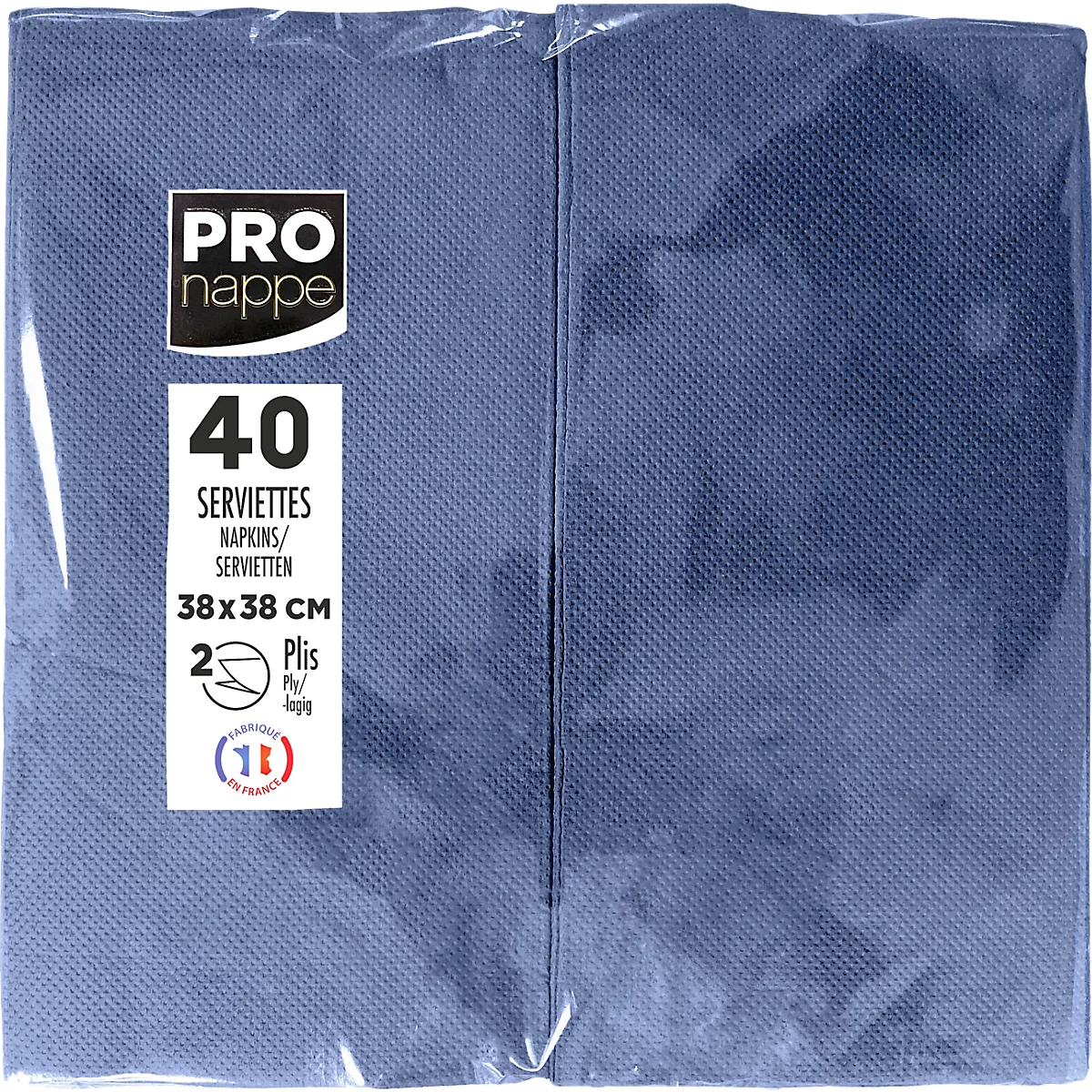 Serviettes bleues emballées. L'emballage indique "PRO nappe", "40 Serviettes", "38x38 cm".