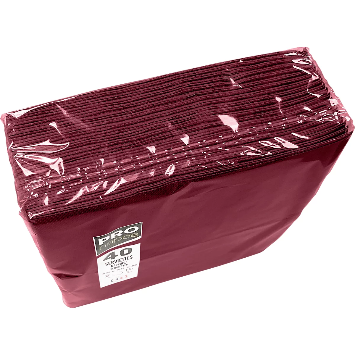Serviettes bordeaux emballées dans du plastique, étiquette avec "PRO 40 Serviettes".