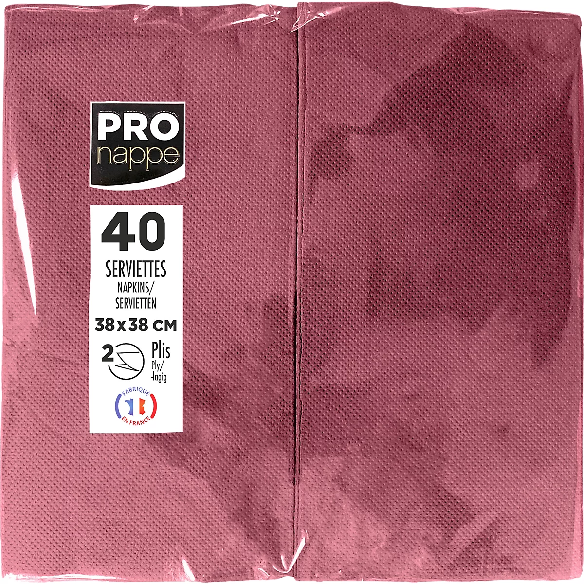 Serviettes en papier bordeaux emballées dans du plastique. Imprimé: 40 serviettes, 38x38 cm, 2 plis.