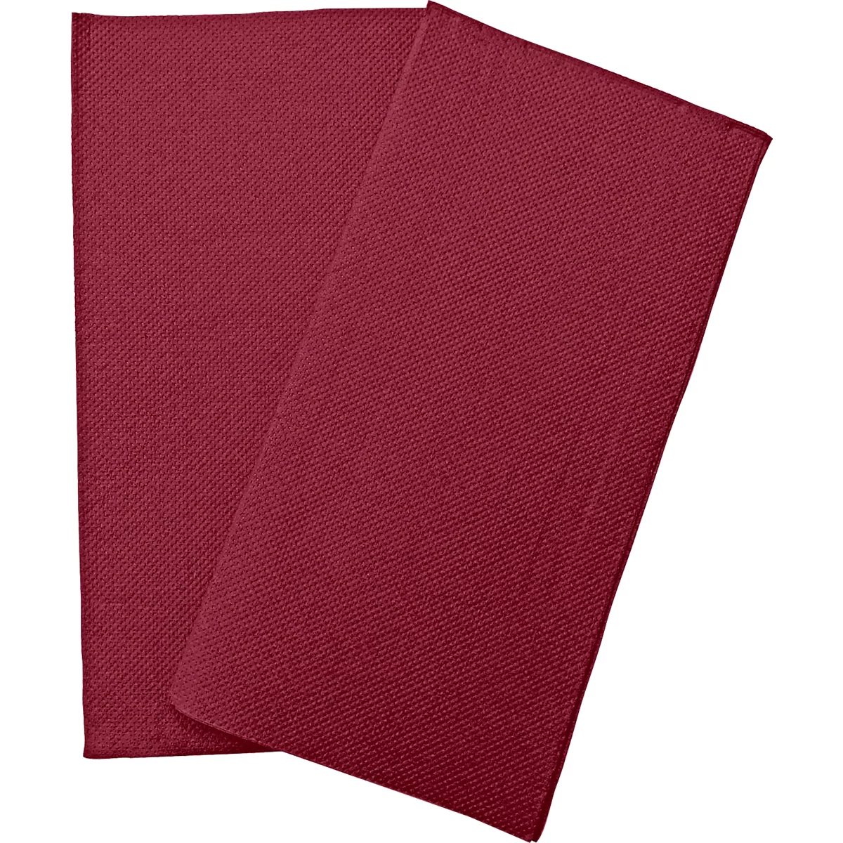 Deux serviettes de table rectangulaires en tissu bordeaux se chevauchent.