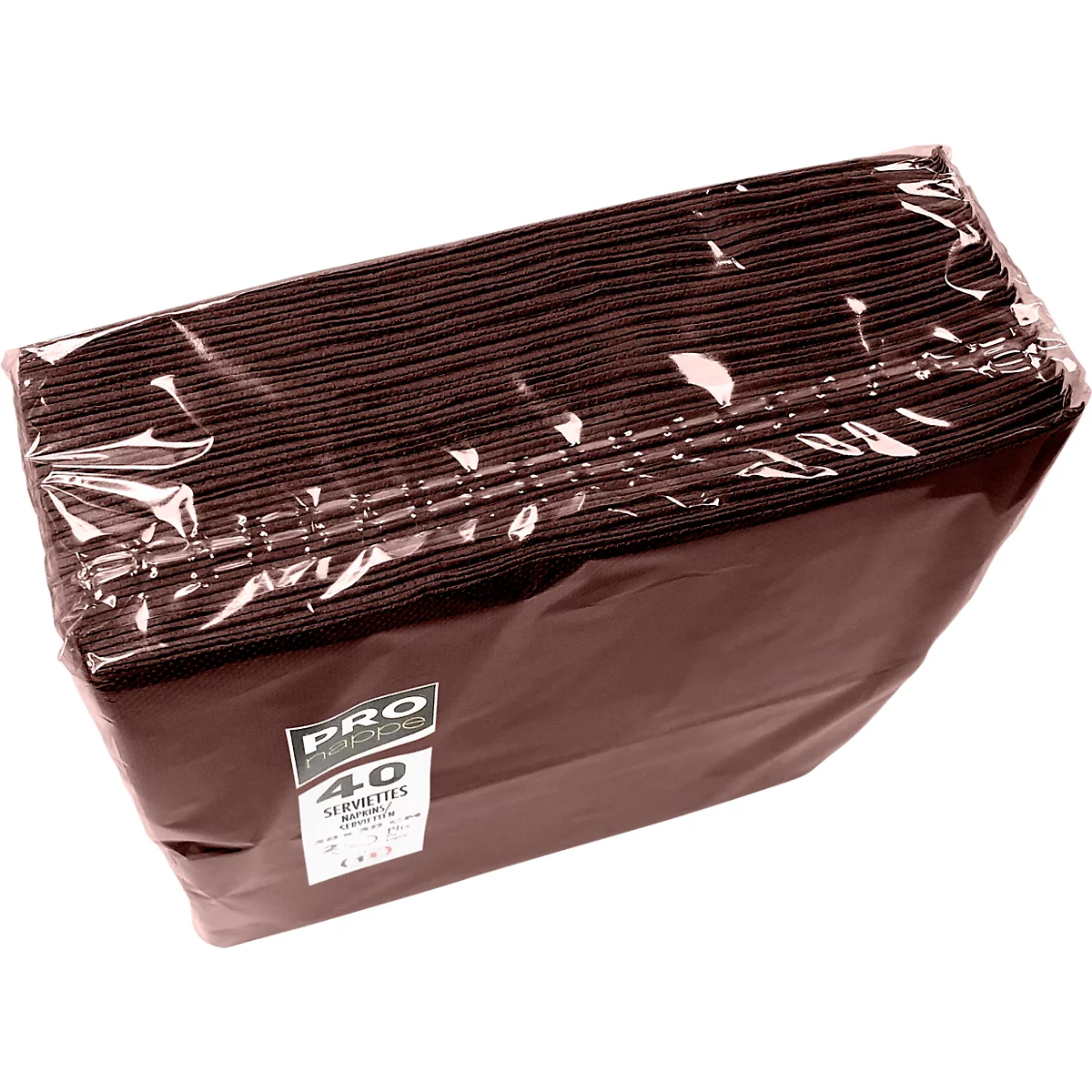 Un paquet de serviettes brun foncé, emballé dans du plastique. L'étiquette indique '40 serviettes'.