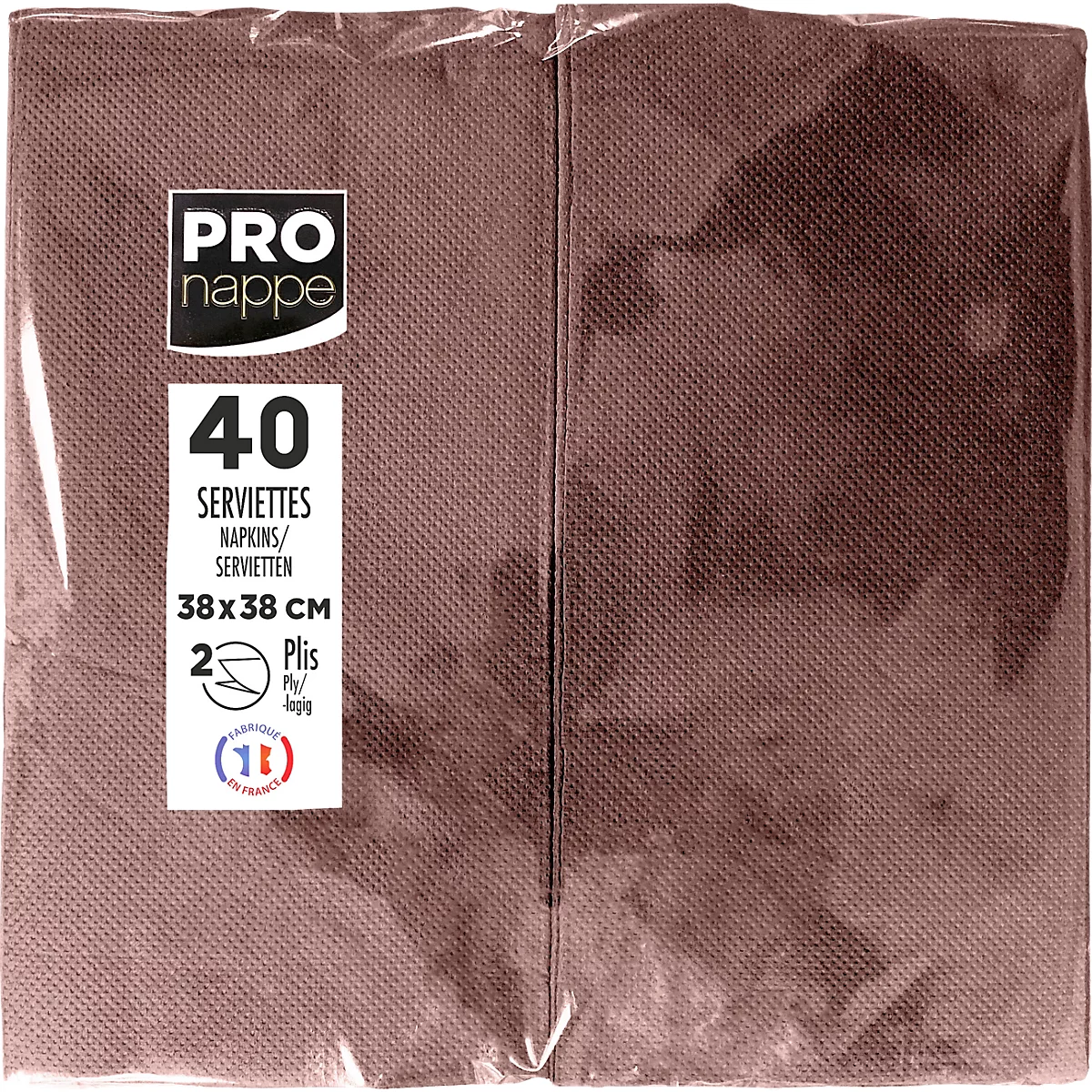 Paquet de serviettes marron. Inscription : 'PRO nappe' et '40 serviettes'. Taille 38x38 cm.