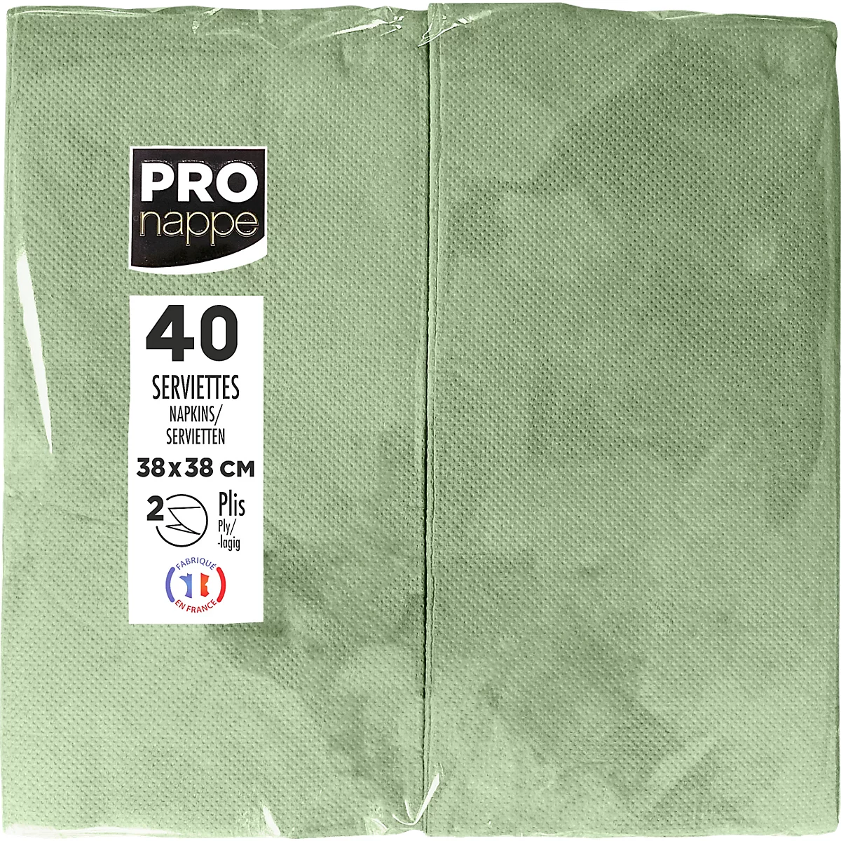 Serviettes vert clair emballées. Imprimé : "PRO nappe", "40 serviettes 38x38 cm".