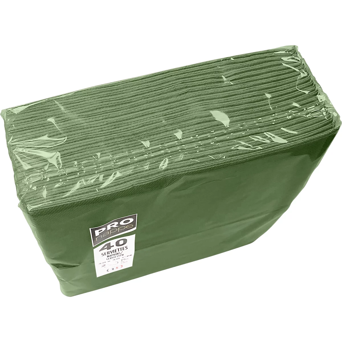 Un paquet de serviettes vertes, scellé dans du papier d'aluminium. L'étiquette indique "Pro 40 Serviettes".
