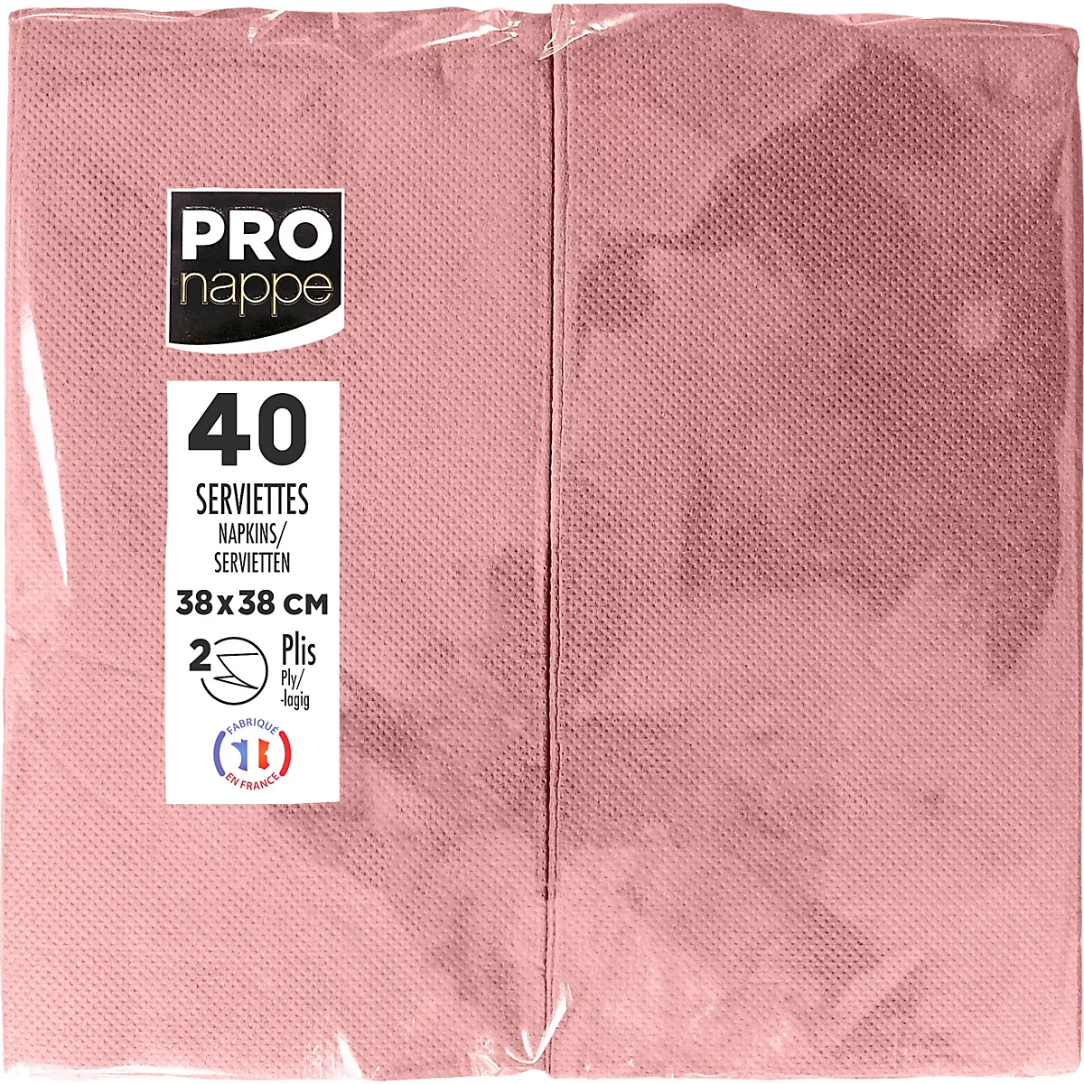 Emballage de serviettes roses. Texte: PRO nappe, 40 serviettes, 38x38 cm.