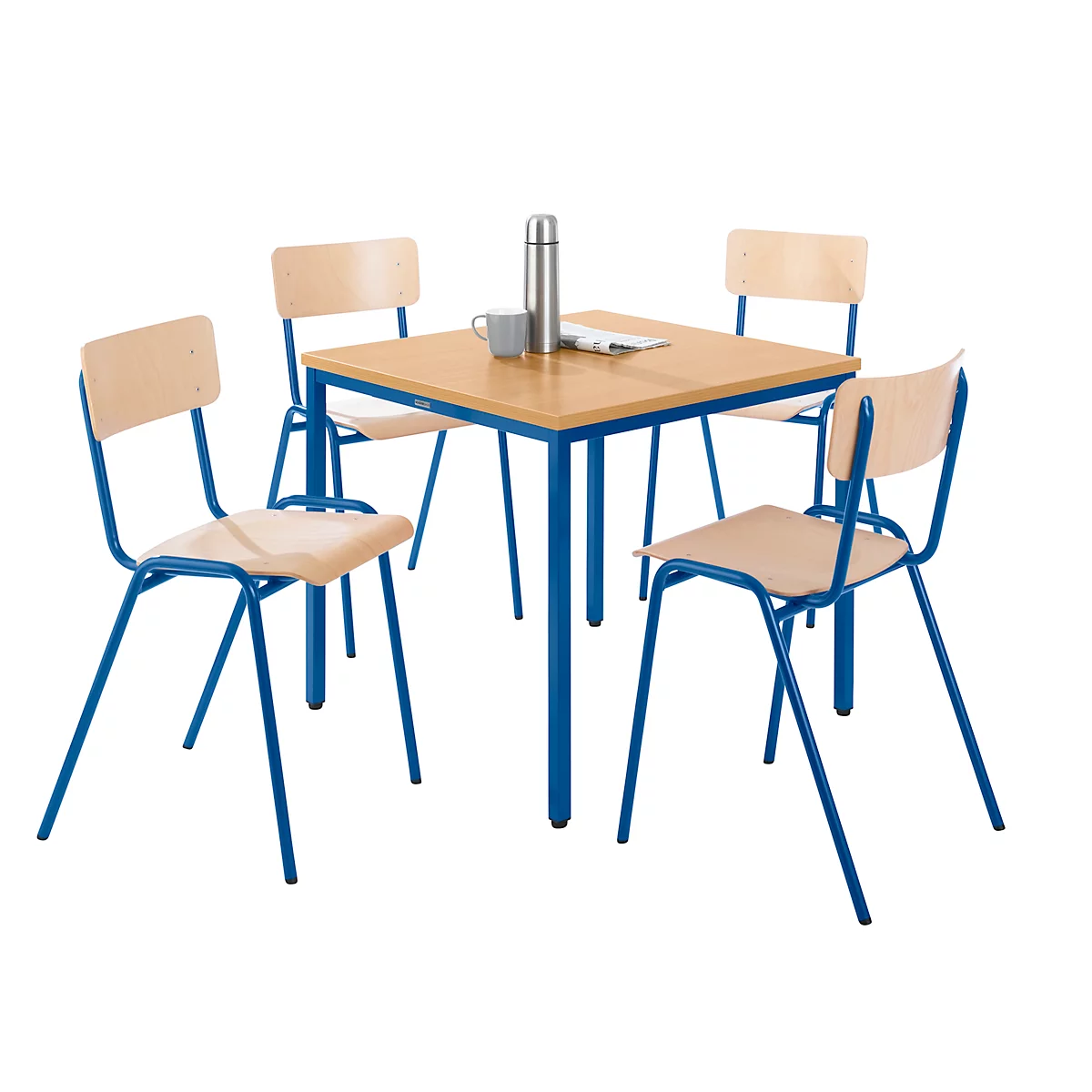 Set avantageux : 4 chaises en bois et 1 table 800 x 800 mm, hêtre, piètement bleu (table et chaises)
