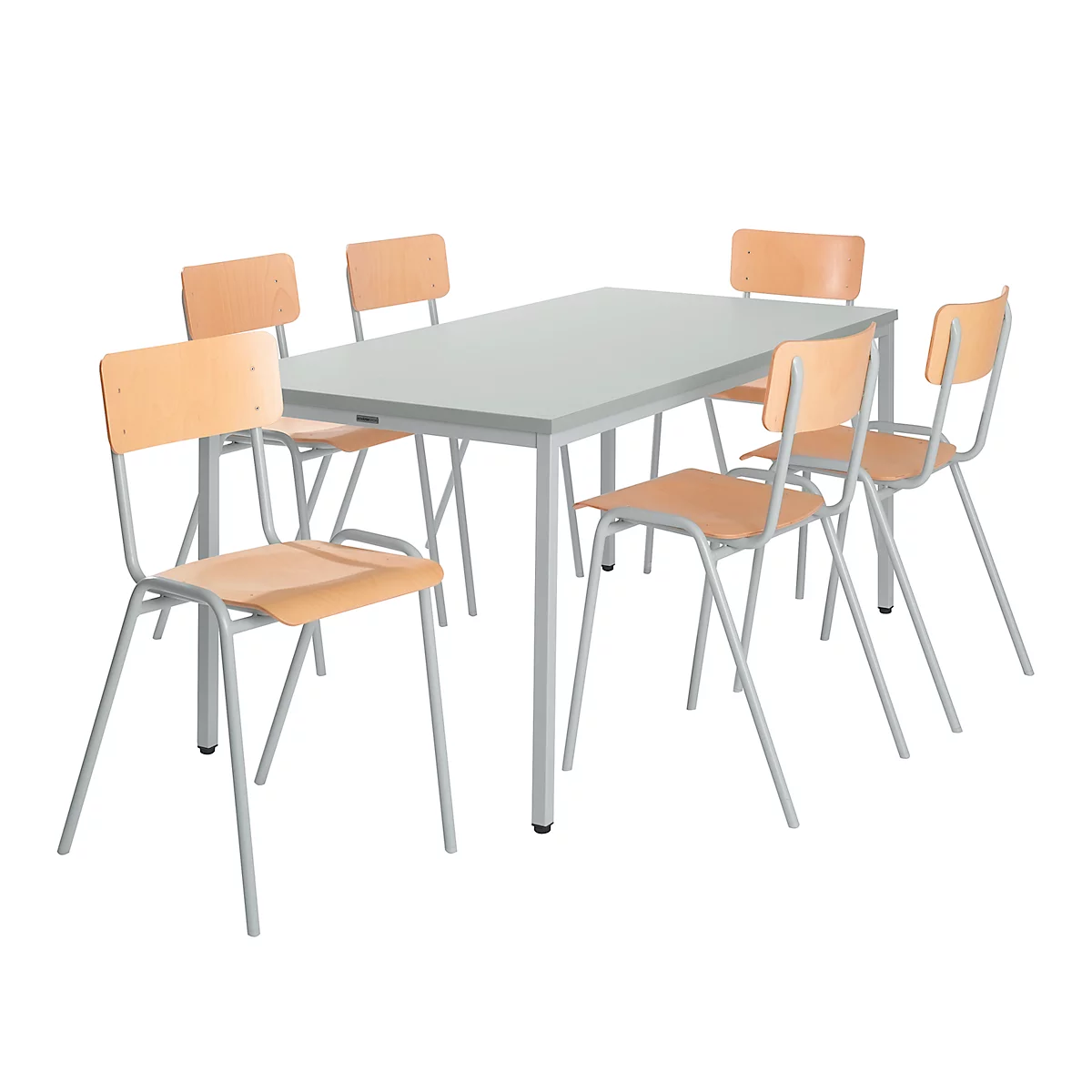 Set avantageux : 6 chaises en bois avec pieds chromés et 1 table 1600 x 800 mm, gris clair