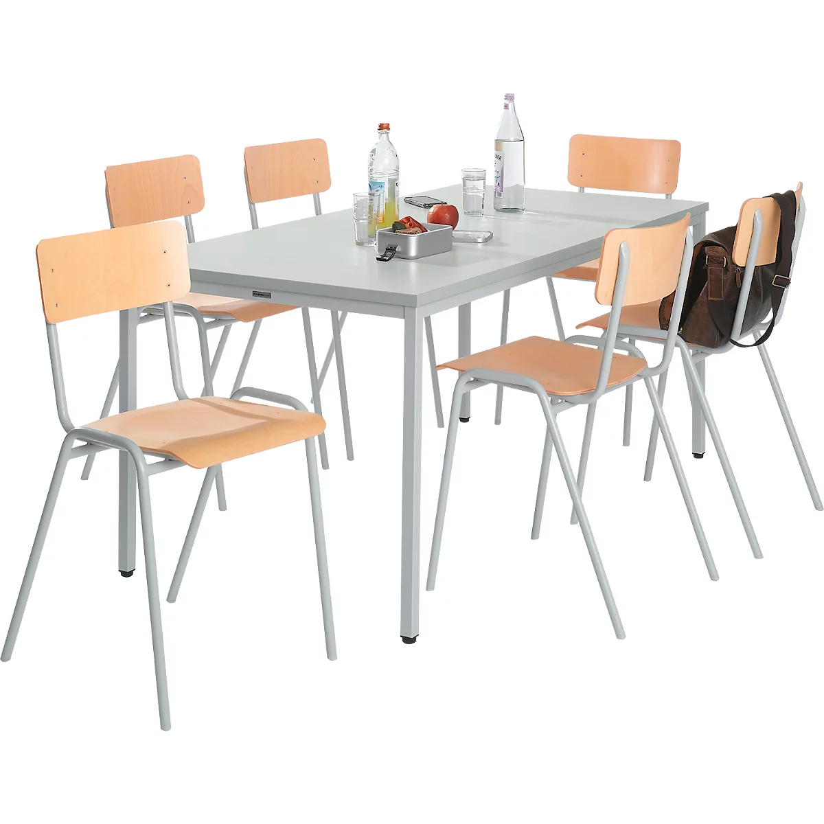 Set avantageux : 6 chaises en bois avec pieds chromés et 1 table 1600 x 800 mm, gris clair