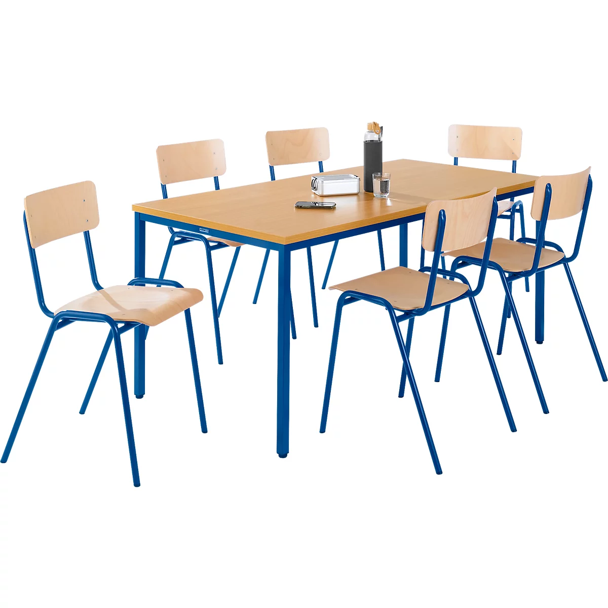 Set avantageux : 6 chaises en bois et 1 table 1600 x 800 mm, hêtre, piétement des chaises et de la table en bleu