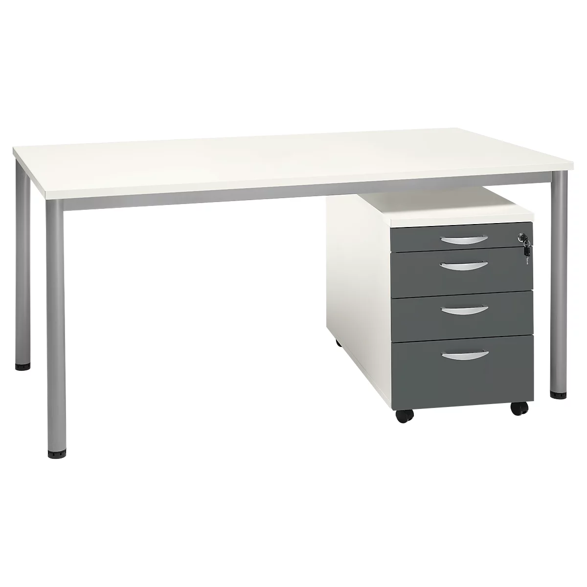 Set avantageux : bureau NEVADA - L 1600 mm - piétement rond aluminium - blanc + caisson mobile blanc et gris foncé