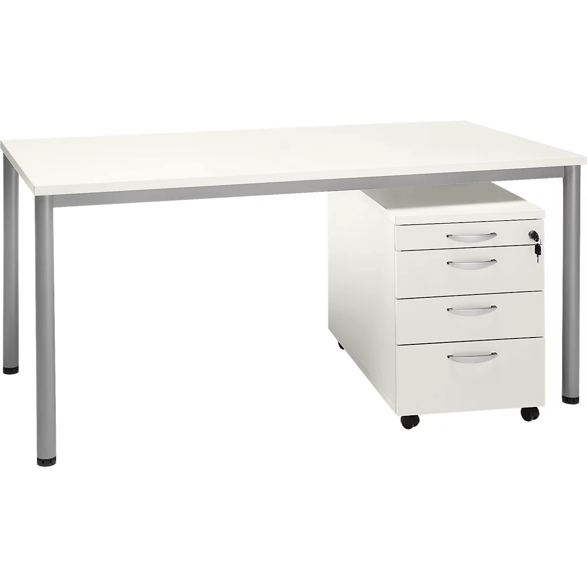 Set avantageux : bureau NEVADA - L 1600 mm - piétement rond aluminium - blanc + caisson mobile blanc