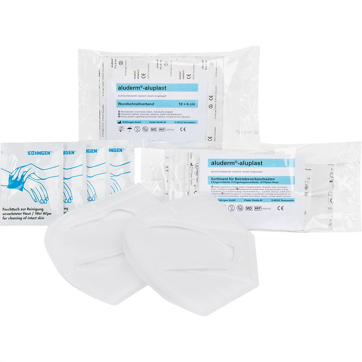 Emballage de pansements, lingettes nettoyantes et masques respiratoires. Étiquette : aluderm-aluplast.