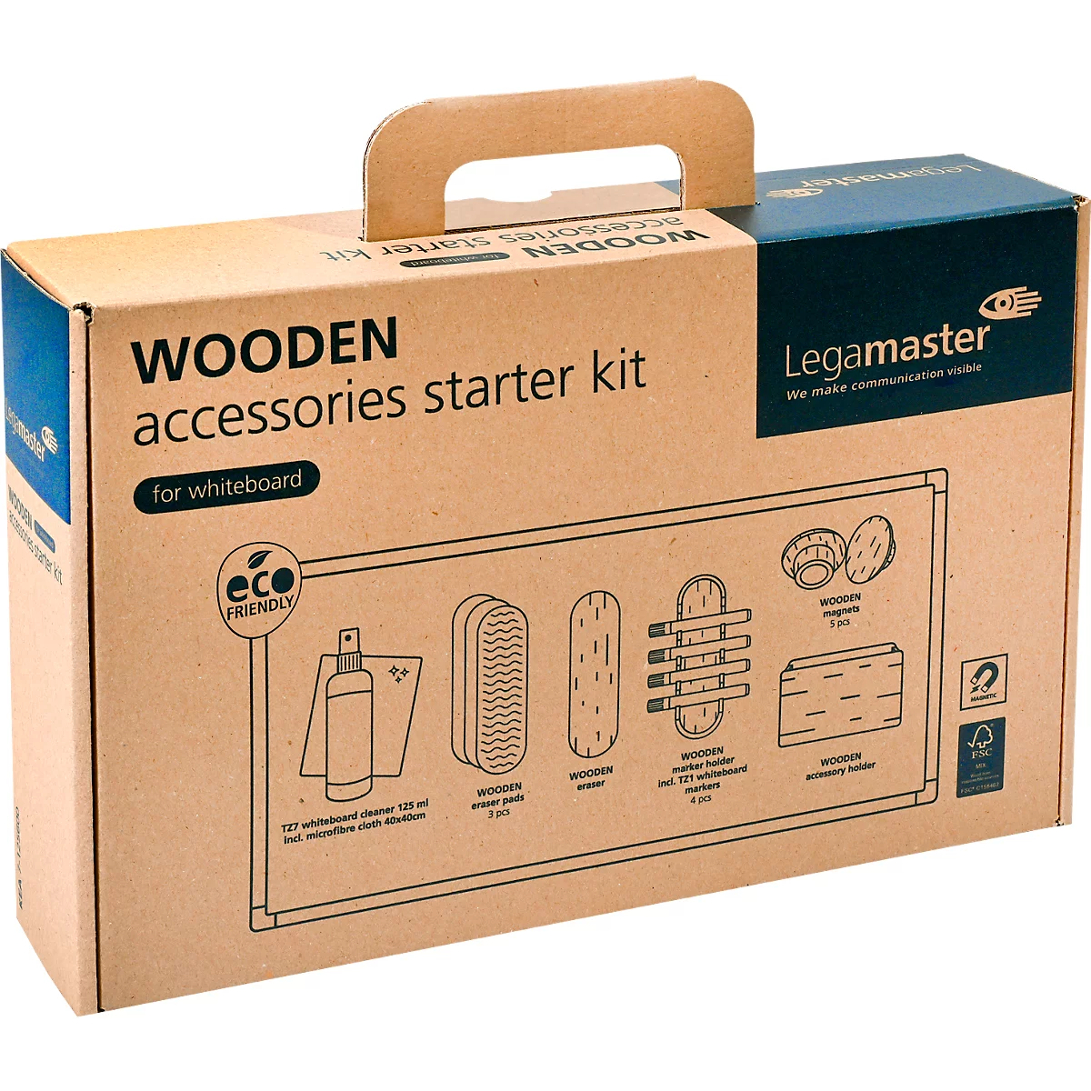Set d'accessoires pour tableau blanc Legamaster WOODEN, 17 pièces, pour tableaux blancs magnétiques et inscriptibles, bois naturel de hêtre certifié FSC®.