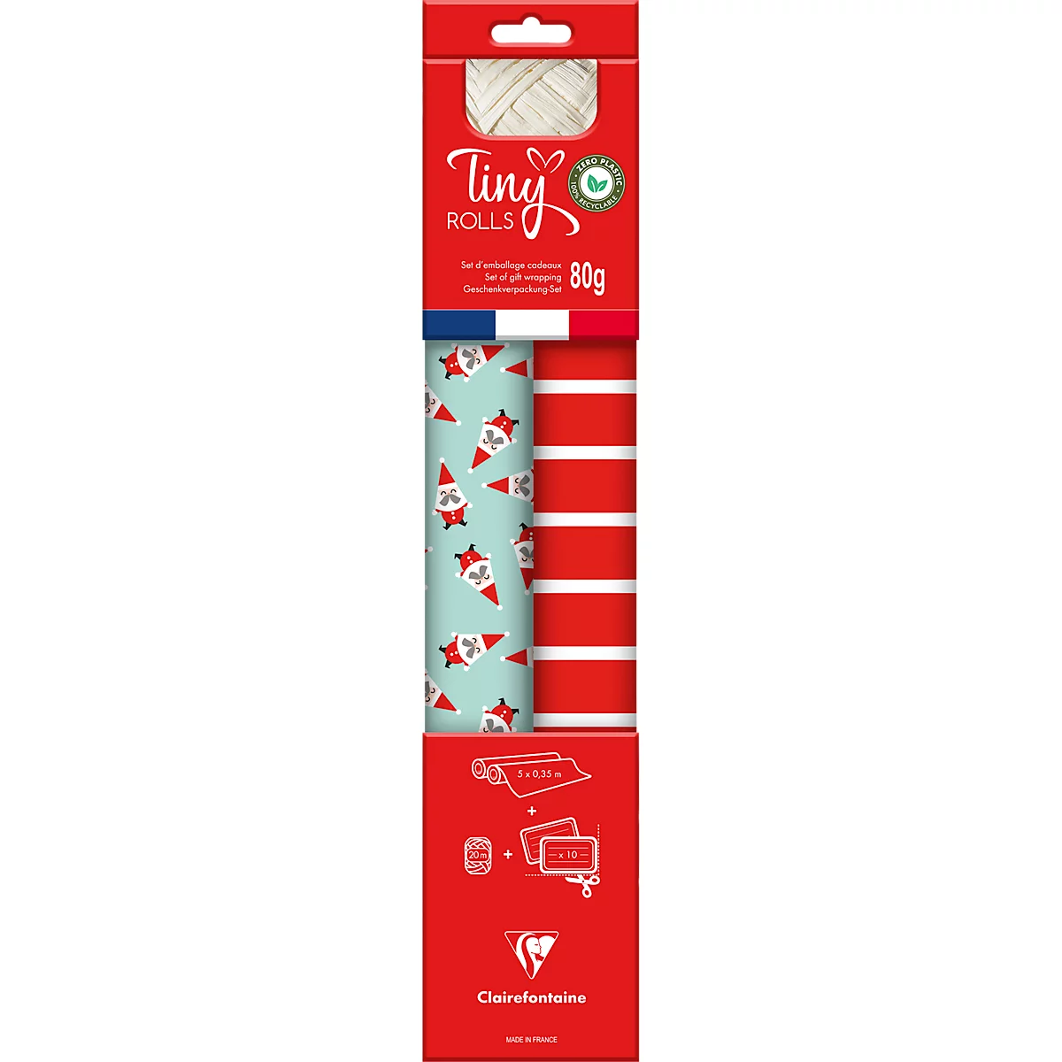 Set d'emballage cadeau Clairefontaine, 2 rouleaux tiny de papier cadeau L 5 m x l 350 mm, ruban cadeau L 20 m &amp; 10 étiquettes cadeau