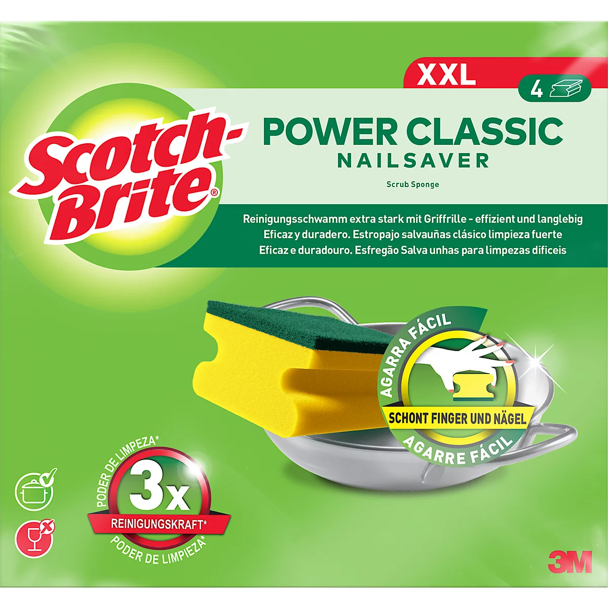 Emballage vert avec une éponge jaune et verte. Le logo Scotch-Brite et les informations sur le produit y sont imprimés.