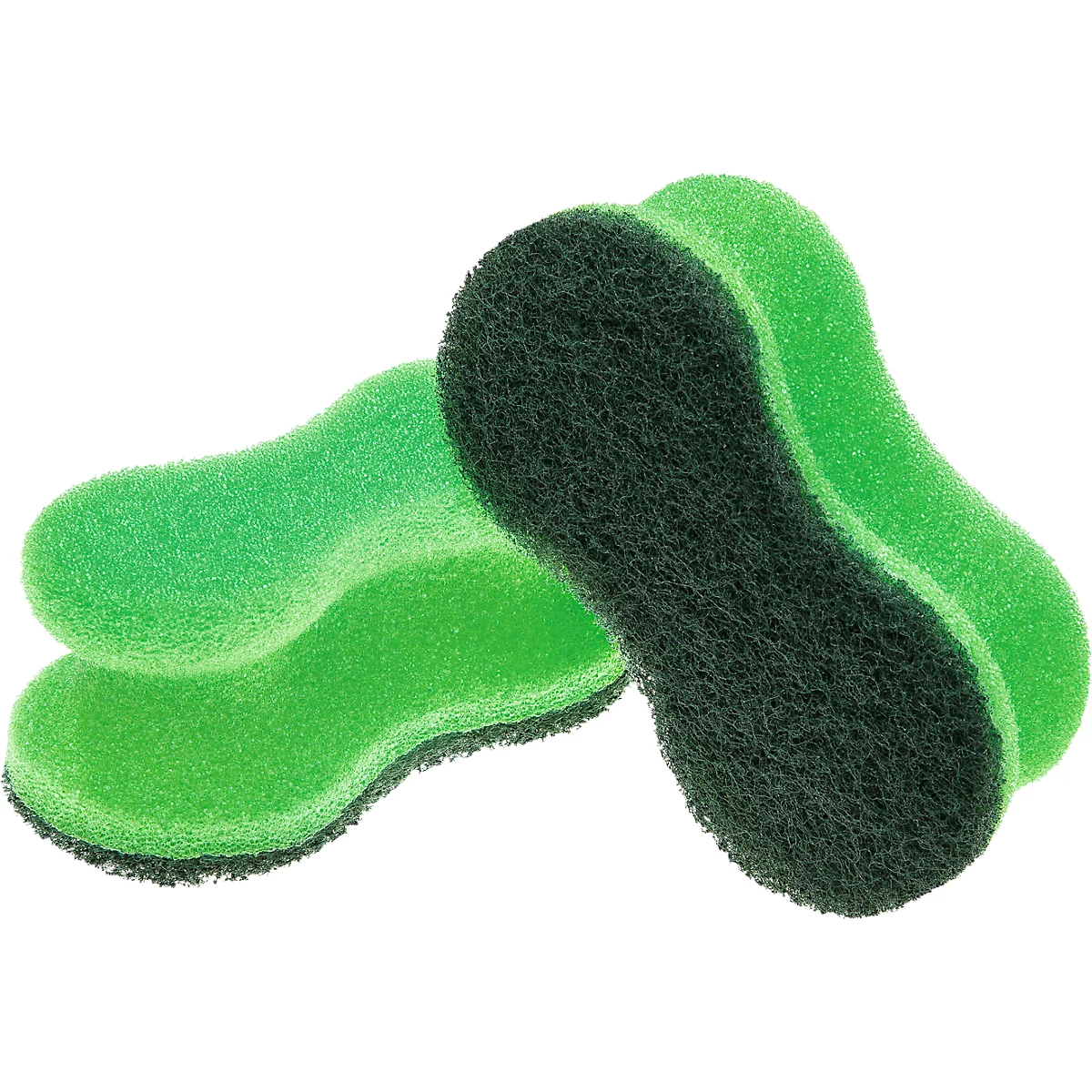 Plusieurs éponges vertes avec une surface rugueuse. La forme est ovale avec une taille étroite.