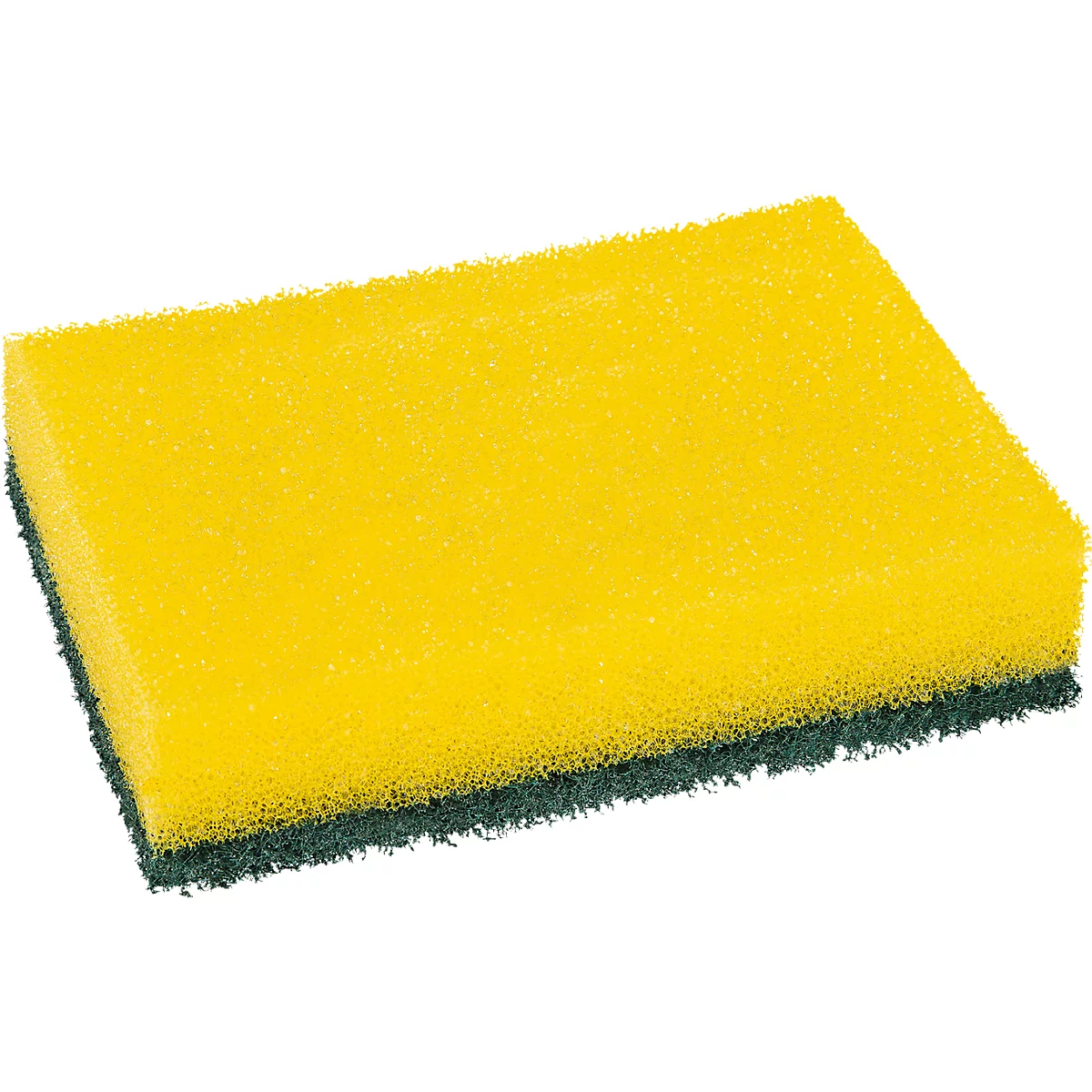 Éponge jaune avec côté abrasif vert. Gros plan.