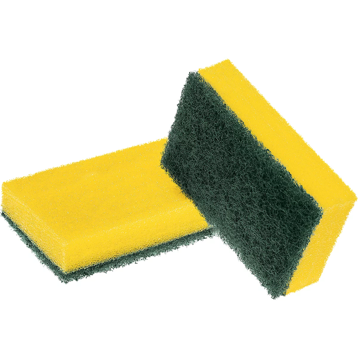Deux éponges jaunes avec des côtés récurants verts sont côte à côte. Le fond est blanc.