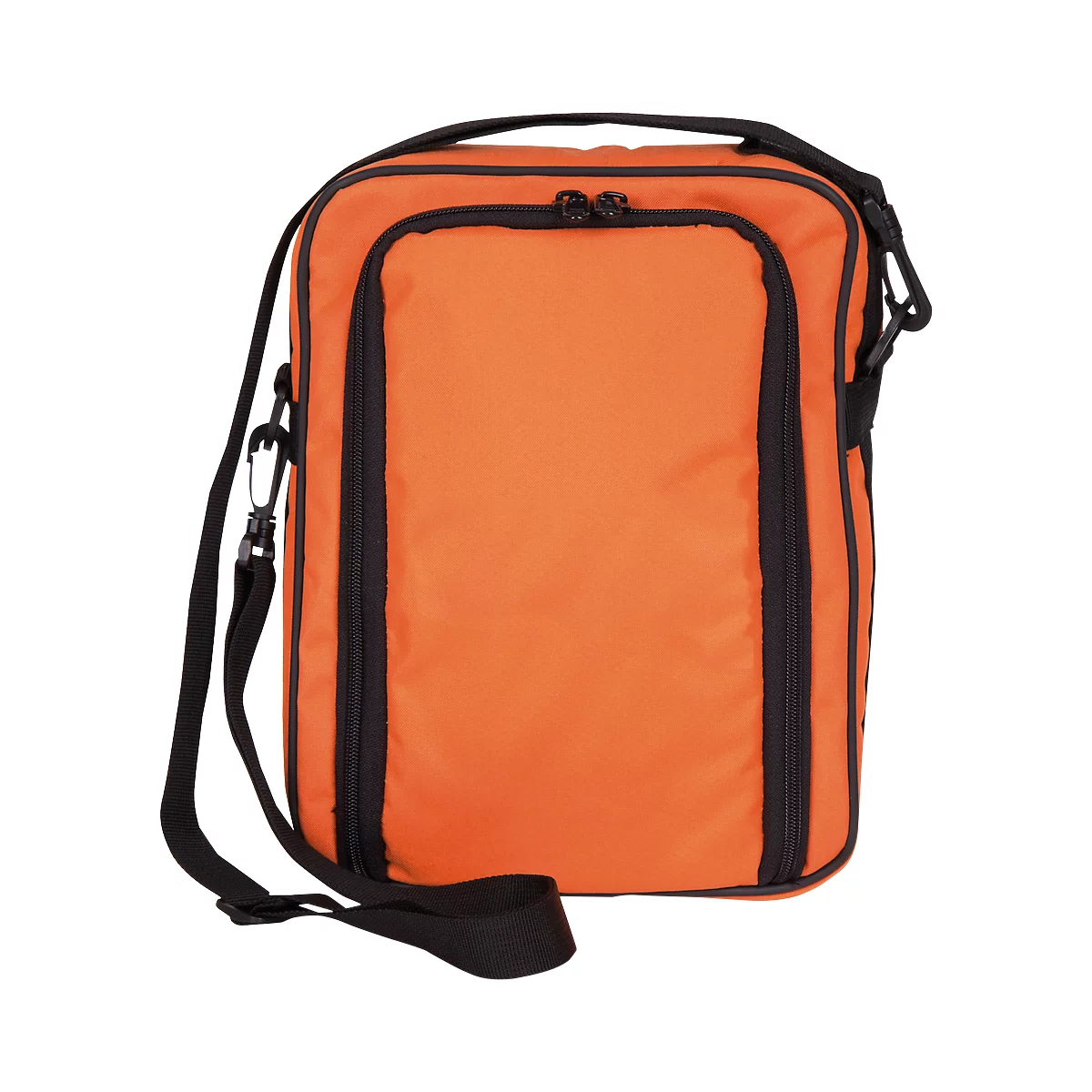 Sac messager orange avec fermeture éclair et sangle noires. La sangle est réglable et peut être portée comme sac à bandoulière ou sac à bandoulière.