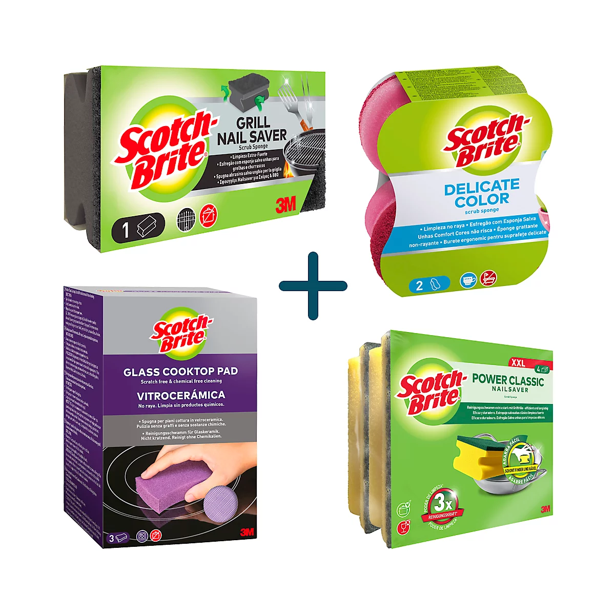 Diverses éponges de nettoyage Scotch-Brite avec les inscriptions : Grill Nail Saver, Delicate Color, Glass Cooktop Pad et Power Classic Nail Saver.