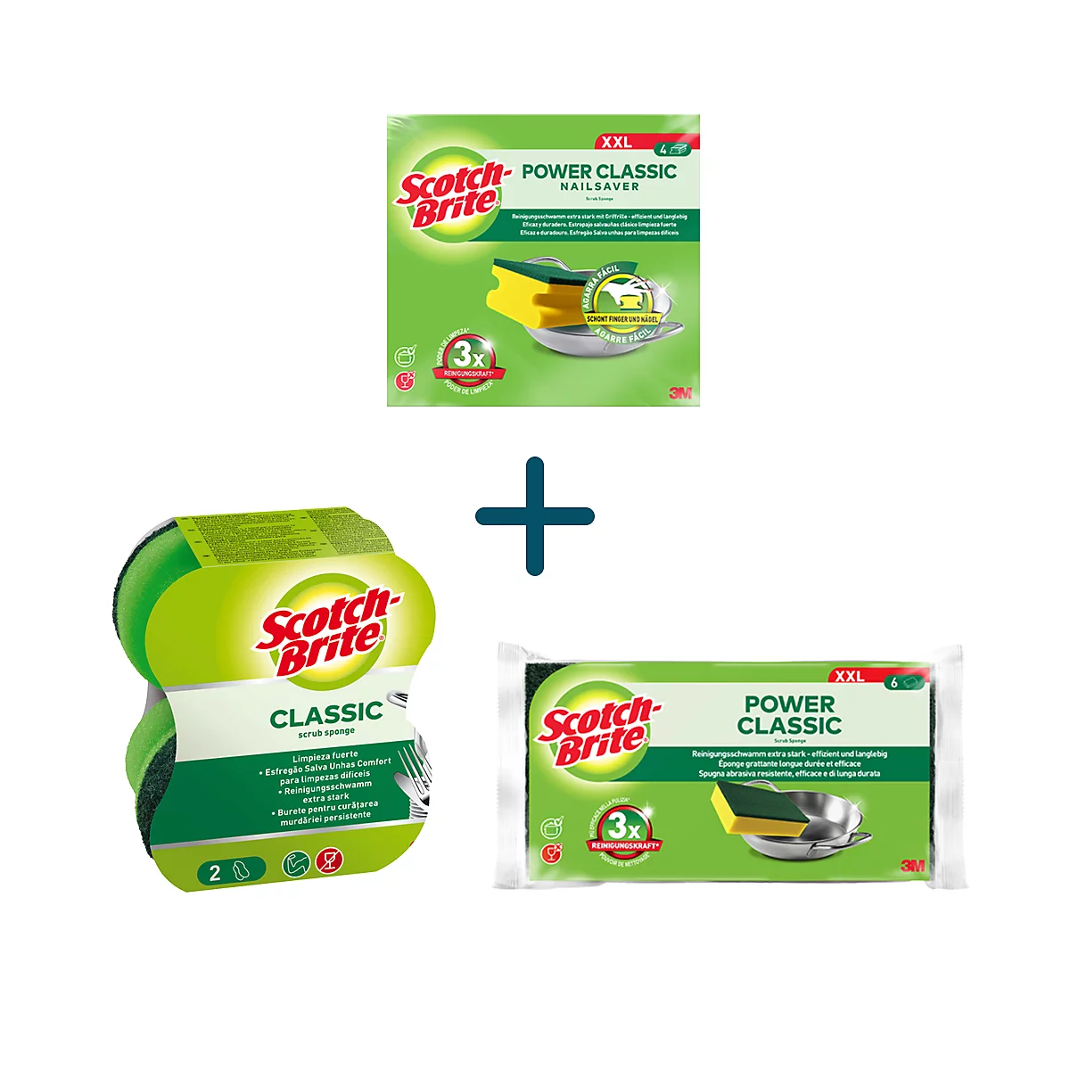 Trois éponges Scotch-Brite différentes. Deux paquets sont présentés, un avec 2 éponges classiques et un avec 3 éponges power classic.