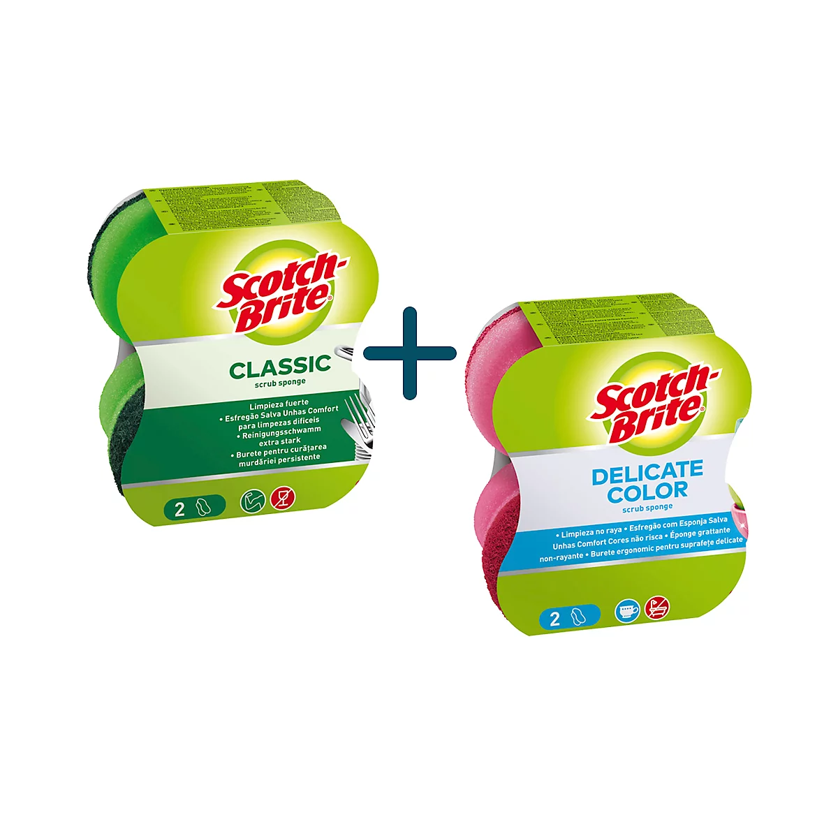 Deux éponges Scotch-Brite dans leur emballage, une verte, une rose. Étiquettes : Classic et Delicate Color.