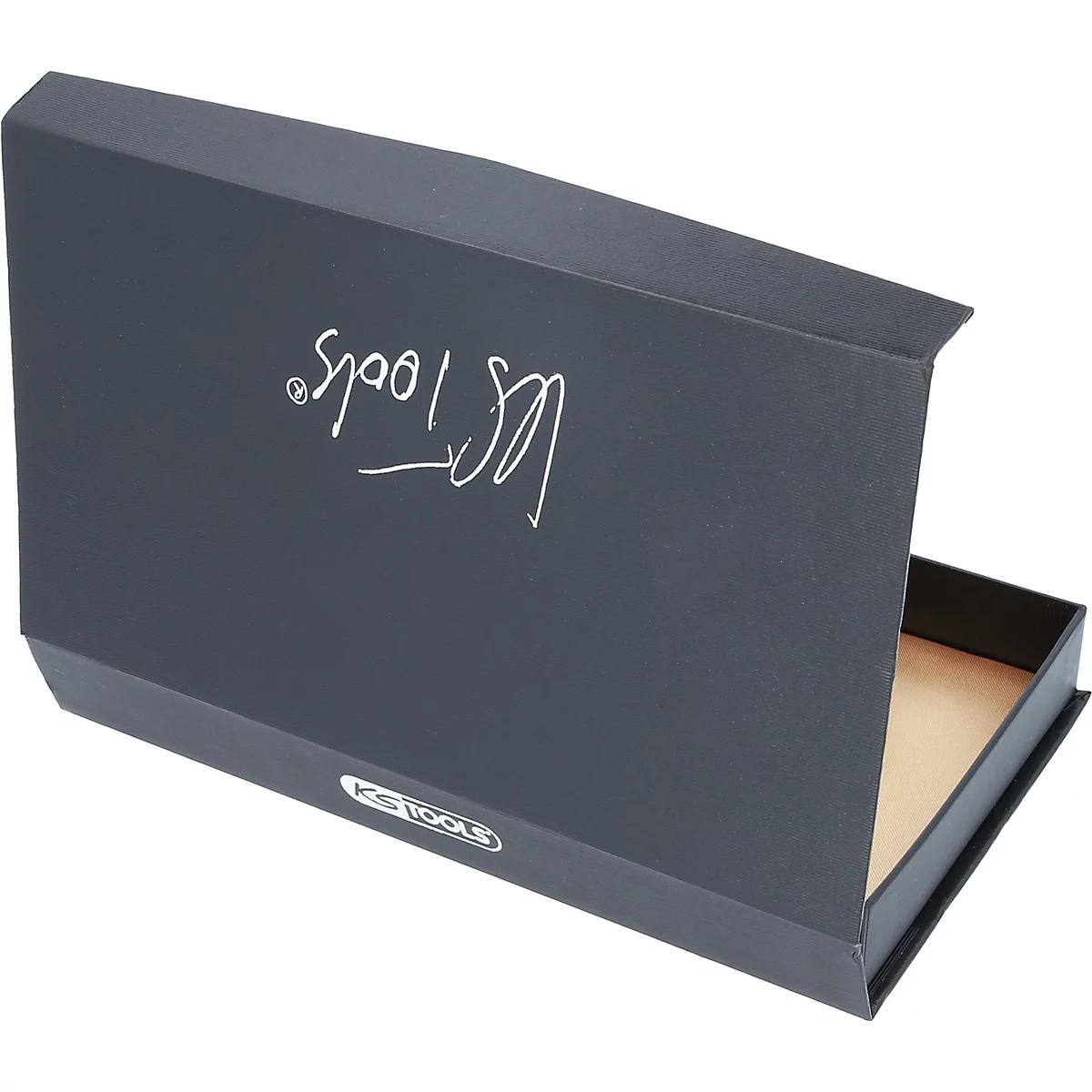 Boîte rectangulaire grise, couvercle ouvert. 'KS Tools' en blanc sur le couvercle.