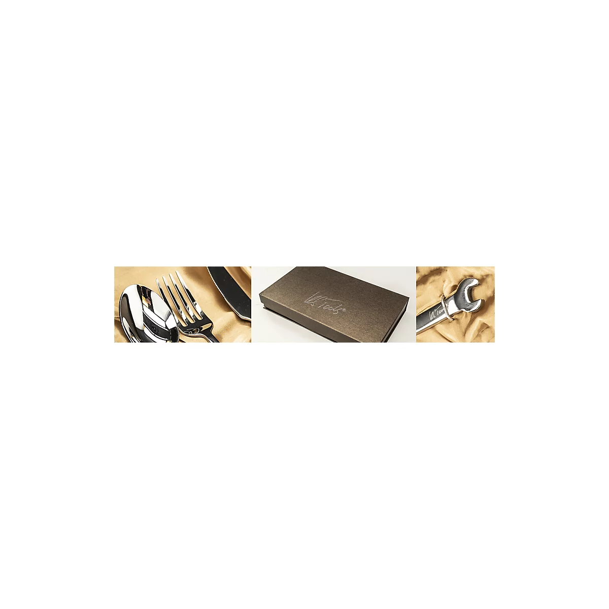 Couverts, coffret cadeau avec lettrage et clé sur tissu beige.