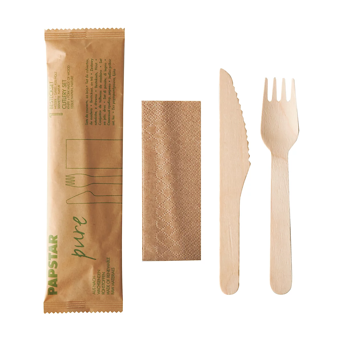 Set de couverts jetables Papstar Pure, couteau, fourchette et serviette, biodégradable, bois de bouleau certifié FSC®, 50 pièces dans un sac en papier.