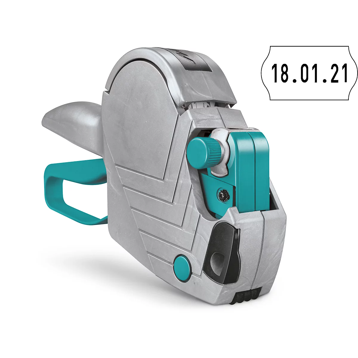 Appareil d'étiquetage de prix gris-turquoise, date à droite 18.01.21.