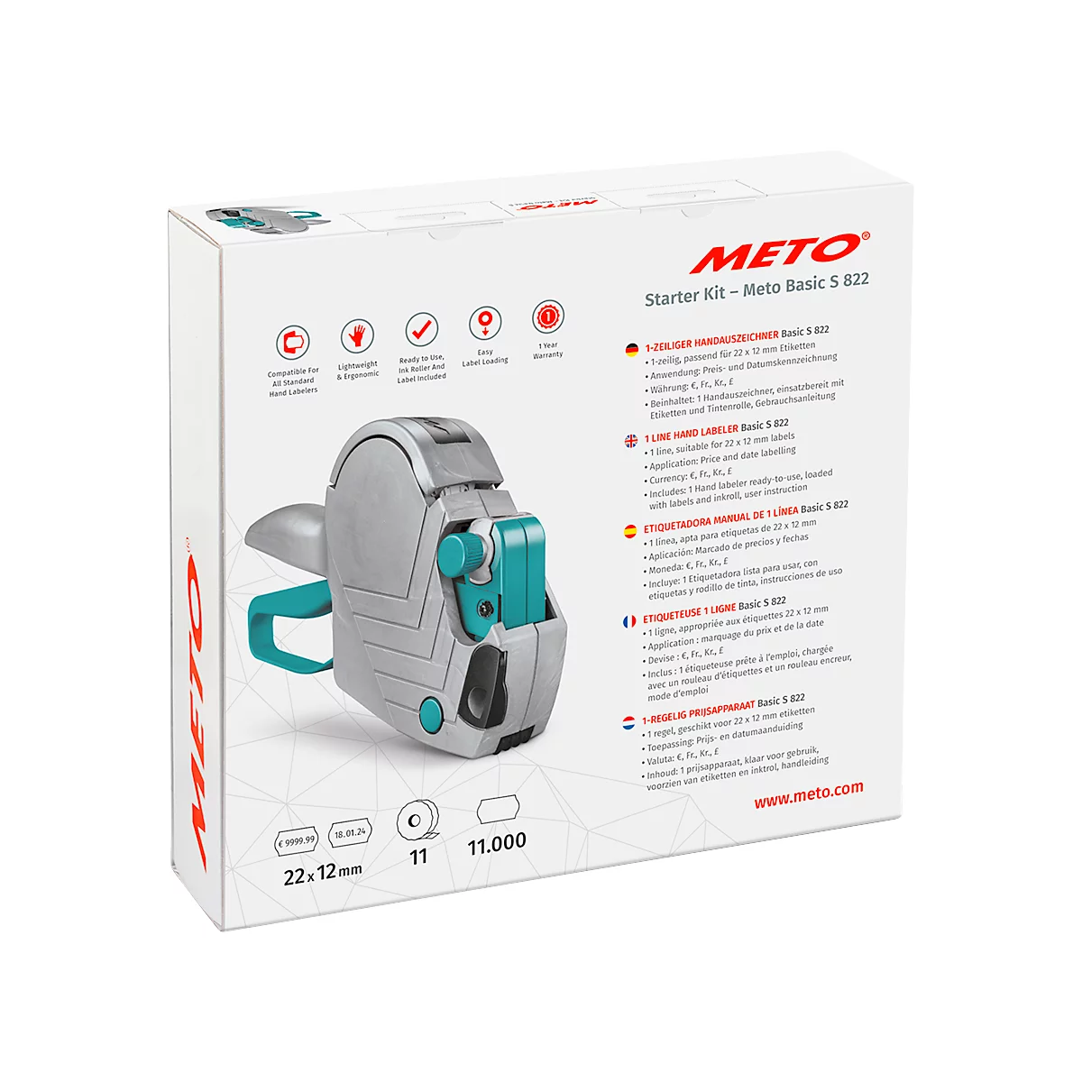 Une boîte blanche contenant une étiqueteuse. Sur la boîte, il est écrit "METO" et "Starter Kit - Meto Basic S 822".