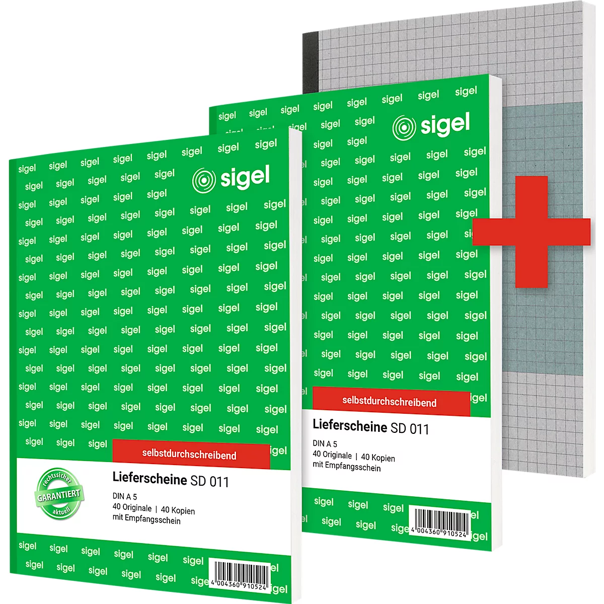 Deux blocs verts avec écriture blanche, symbole plus rouge, à côté d'une feuille à carreaux, marque : sigel.