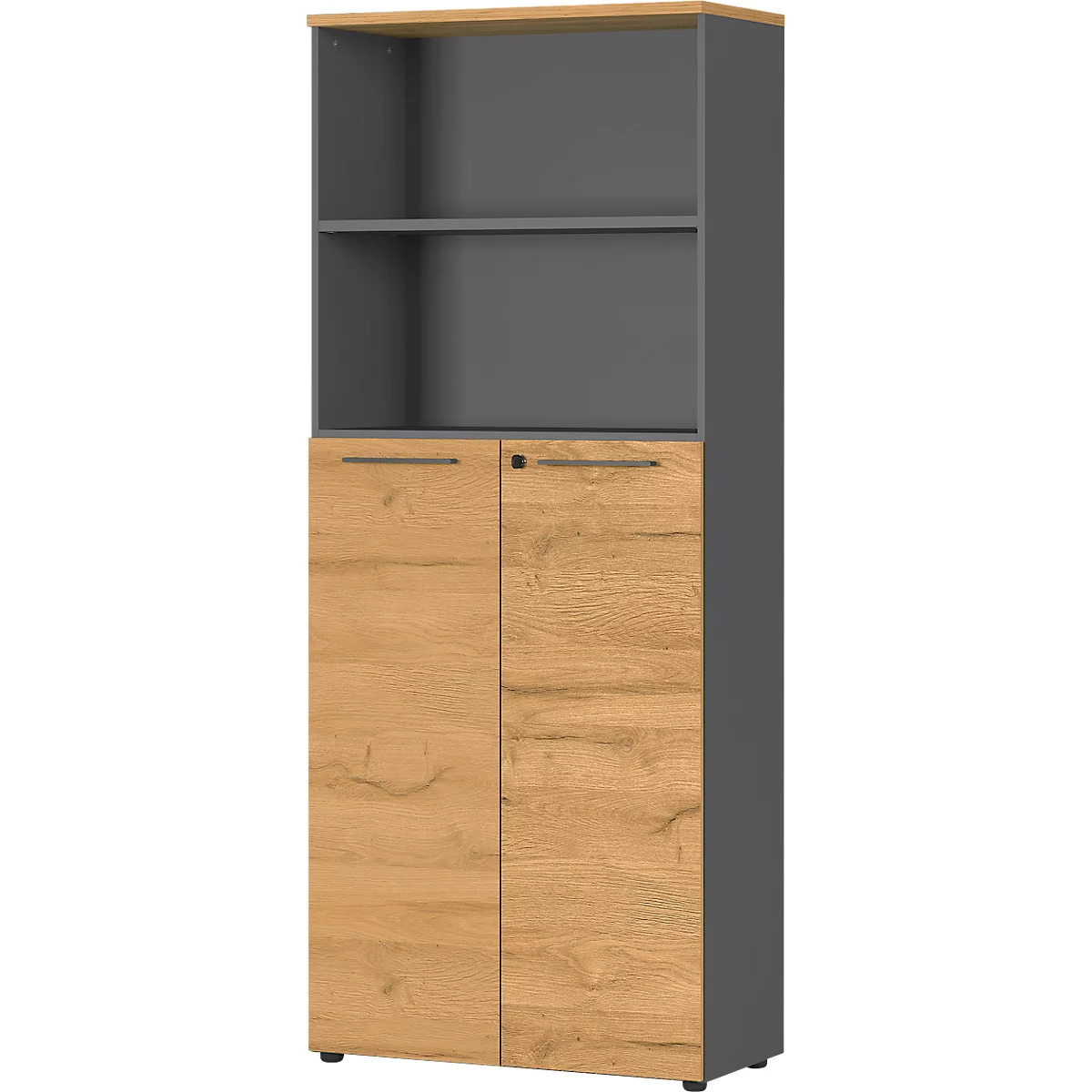 Grand meuble avec dos gris et portes marron clair. Étagères ouvertes en haut, portes de placard en bas.