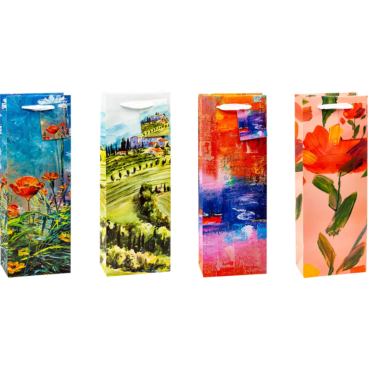 Quatre sacs cadeaux pour bouteilles de vin avec différents motifs : coquelicots, paysage, abstrait et floral.