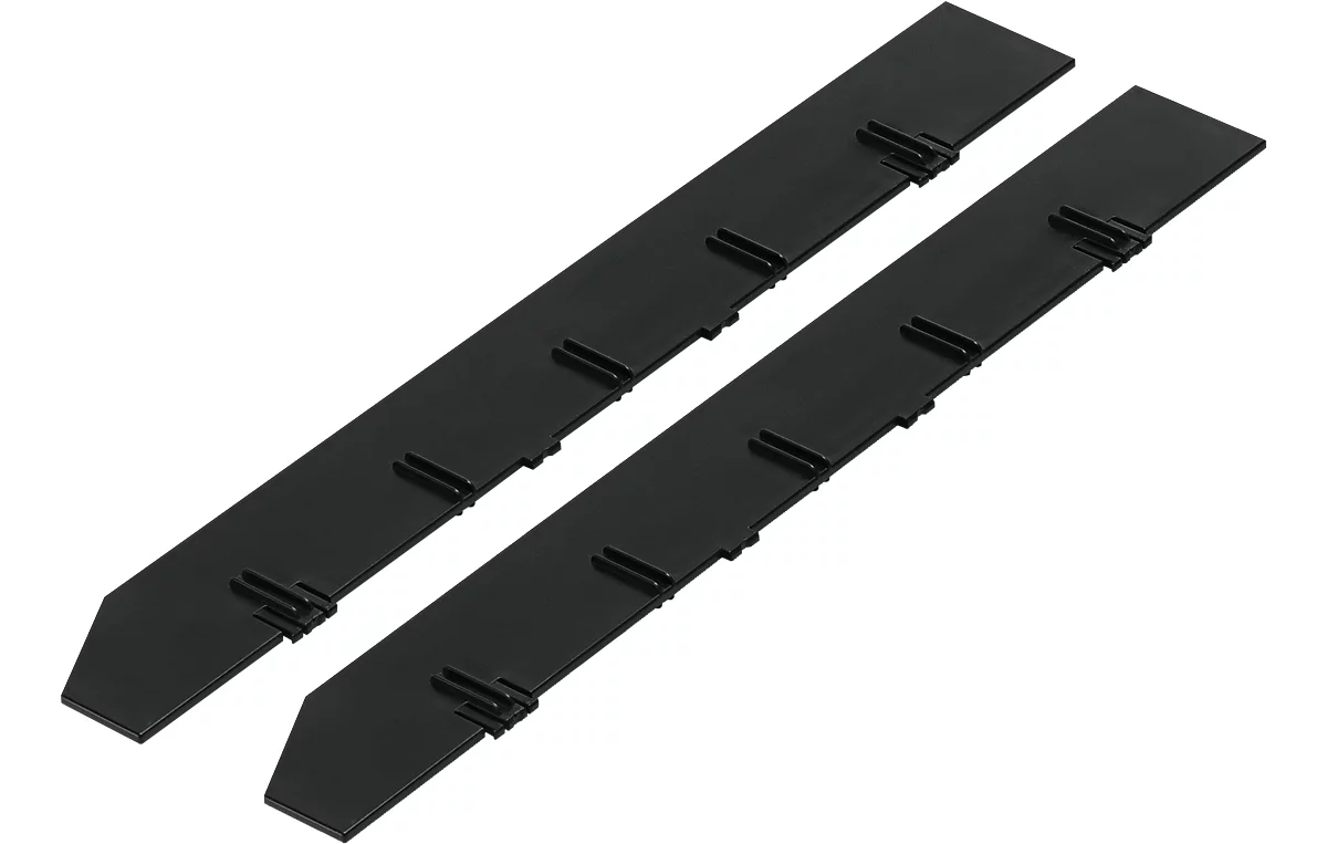 Deux bandes de plastique noir disposées en diagonale. Elles comportent une série d'évidements rectangulaires et des pointes de flèches aux extrémités.