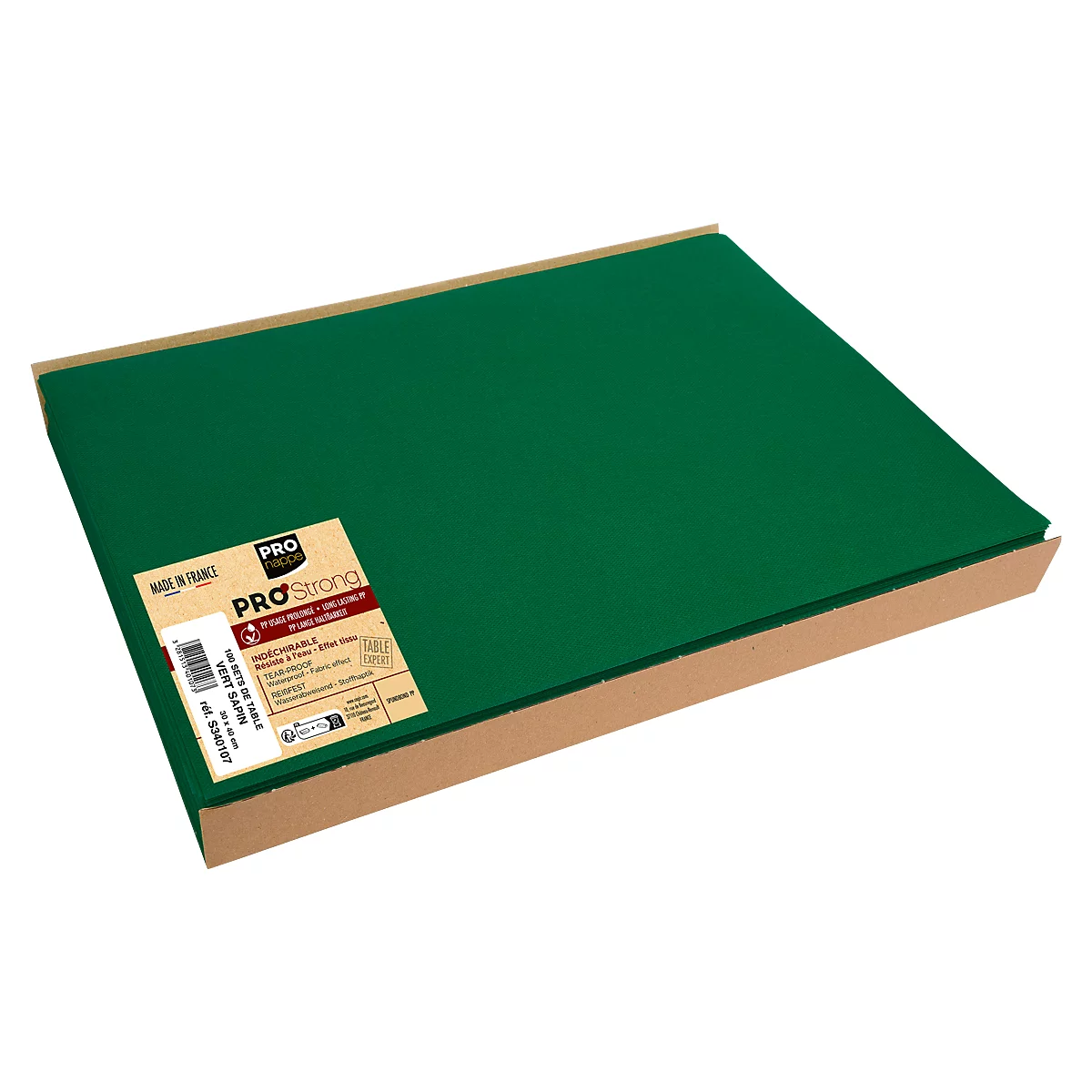 Panneau en mousse vert dans une boîte en carton. Autocollant avec informations produit. PROstrong.