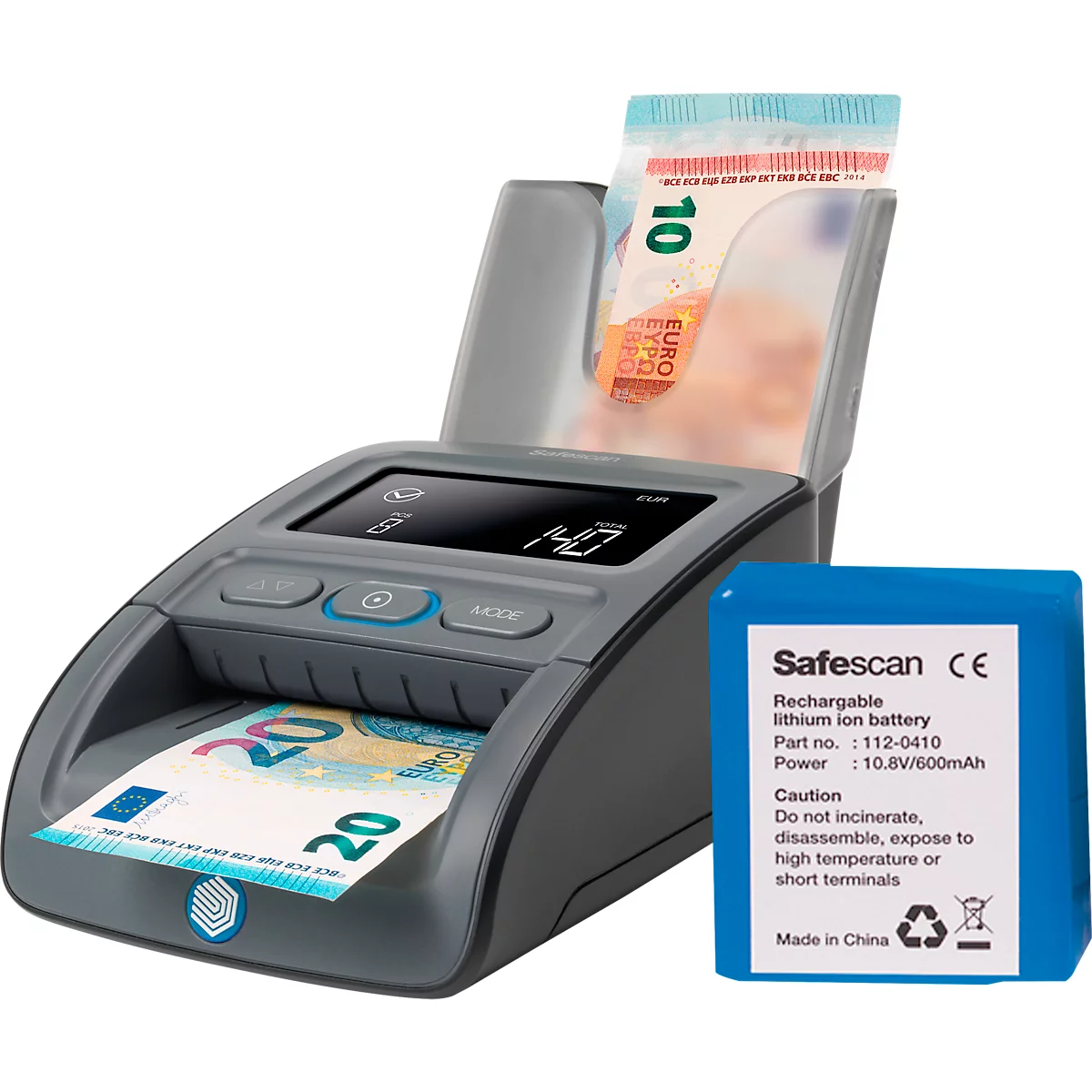 Set détecteur de faux billets Safescan® 155-S, testé par la BCE, 6 devises, 7 caractéristiques de sécurité +batterie LB-105 &amp; empileur de billets RS-100