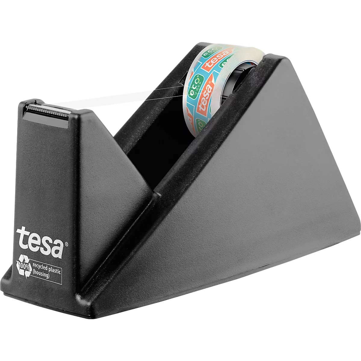 Dispensador de cinta adhesiva Tesa negro, con rollo de cinta. El logo de Tesa y el símbolo de reciclaje son claramente visibles.