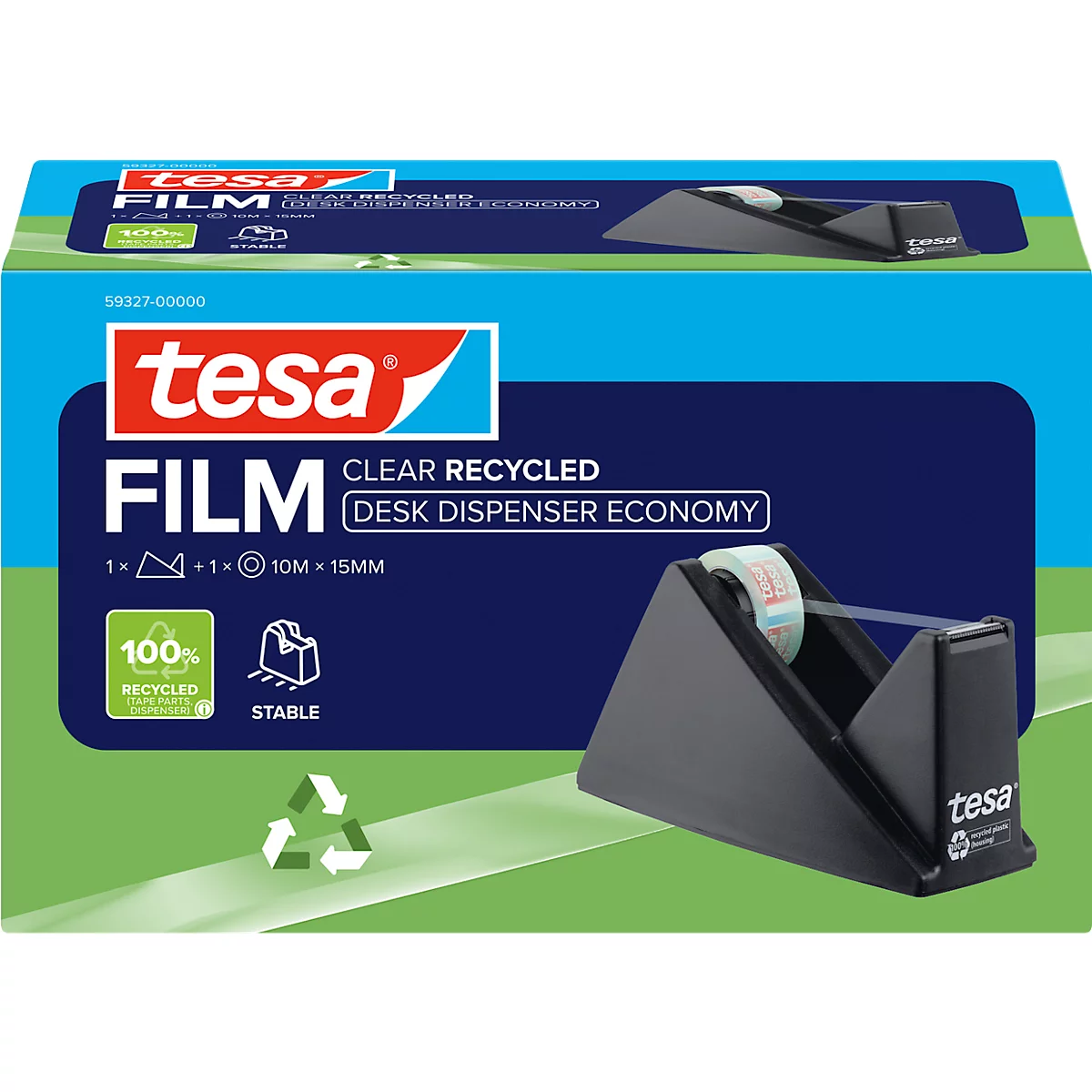 Cinta adhesiva Tesa Film con dispensador en el embalaje. Nombre del producto, características y símbolo de reciclaje.