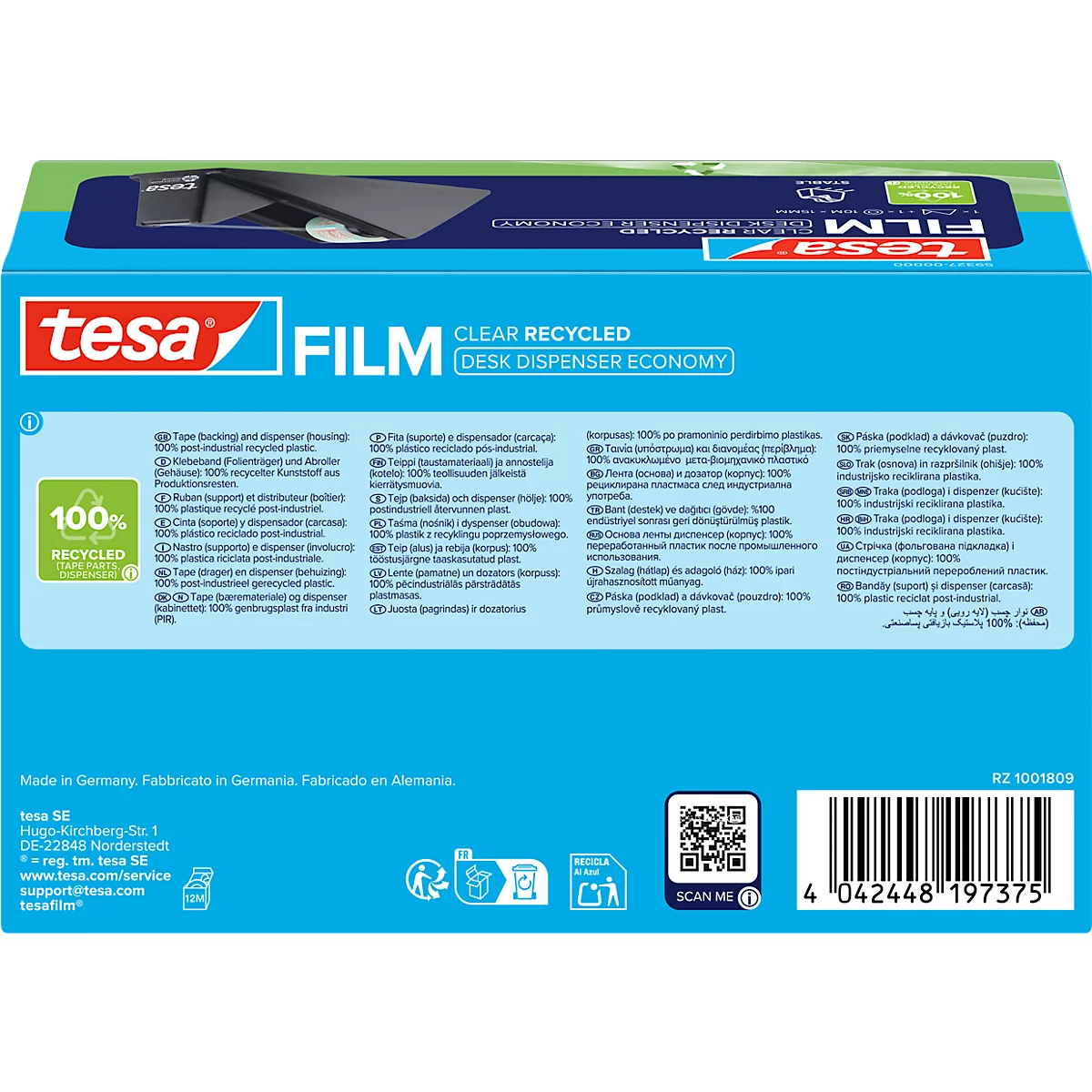 Caja azul con el logo "tesa FILM" y descripción del producto. Símbolo "100% RECYCLED" y código de barras.