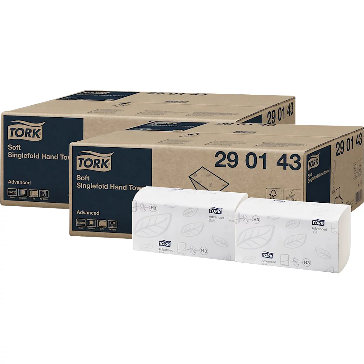 Set économique d'essuie-mains en papier Tork® Advanced® H3, 2 plis &amp; gaufré, pliage en zigzag, papier FSC®, blanc, 2 cartons de 15 paquets de 250 feuilles chacun