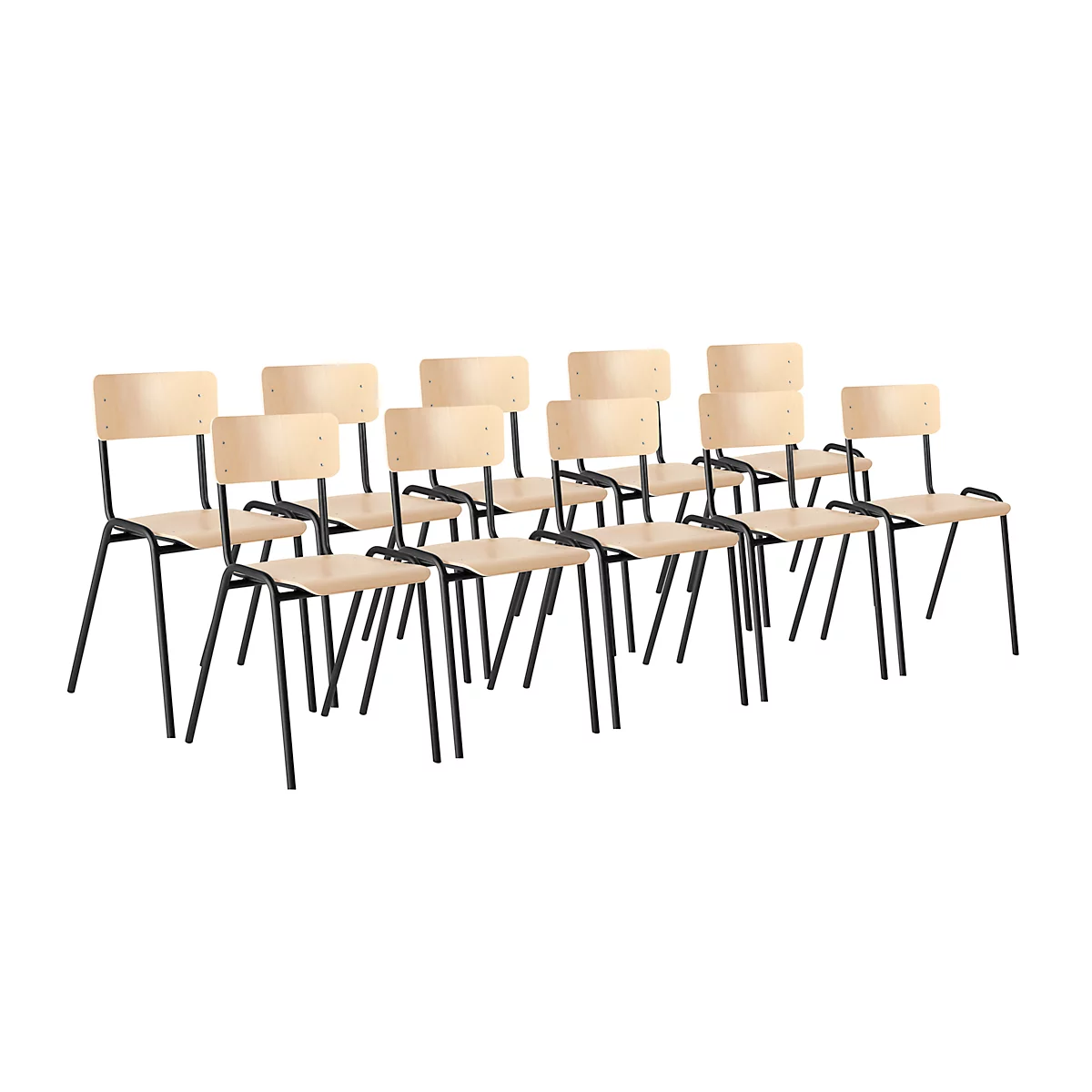 An arrangement of wooden chairs with black metal legs, against a white background.