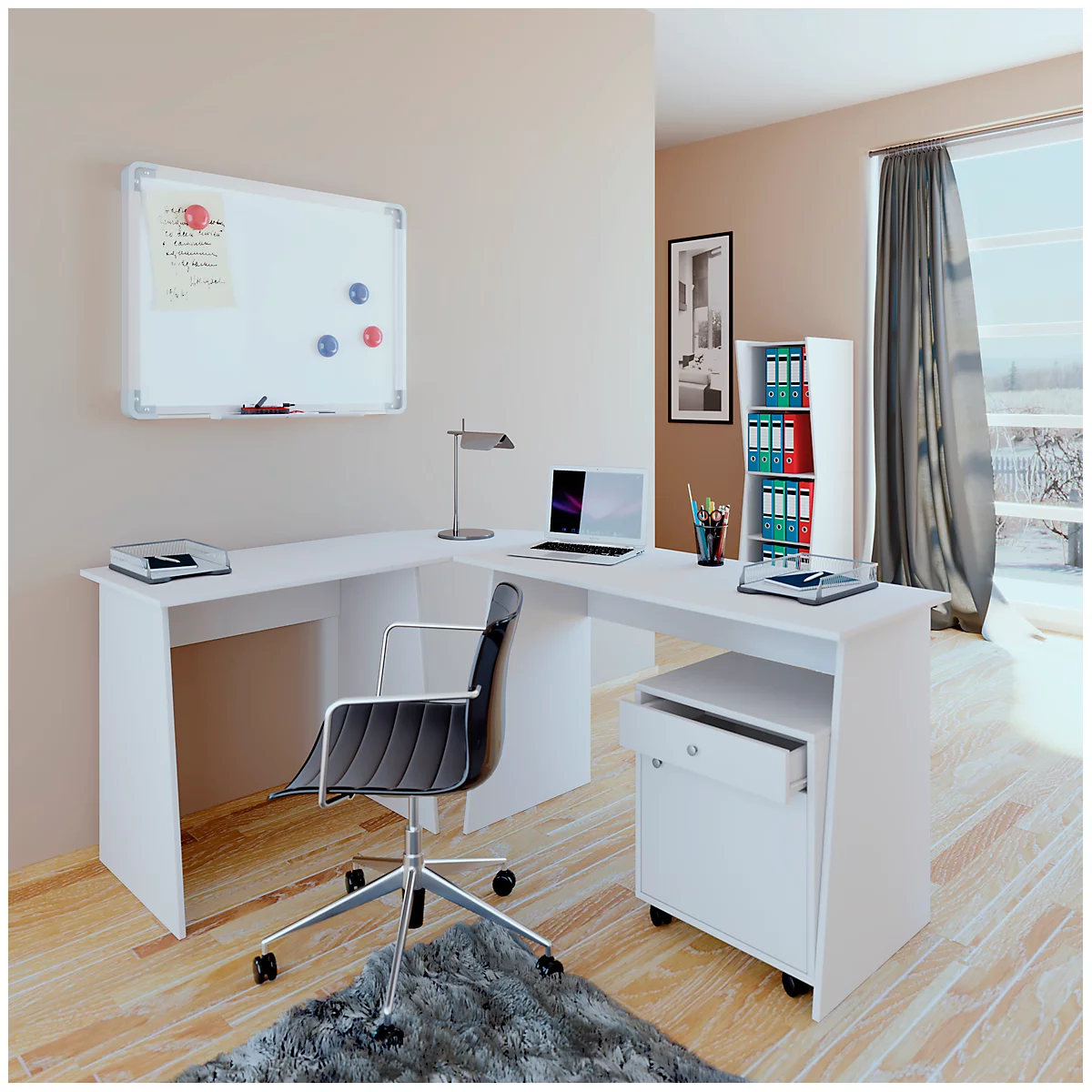 White corner desk with chair, laptop, and whiteboard. The room appears bright and minimalist.