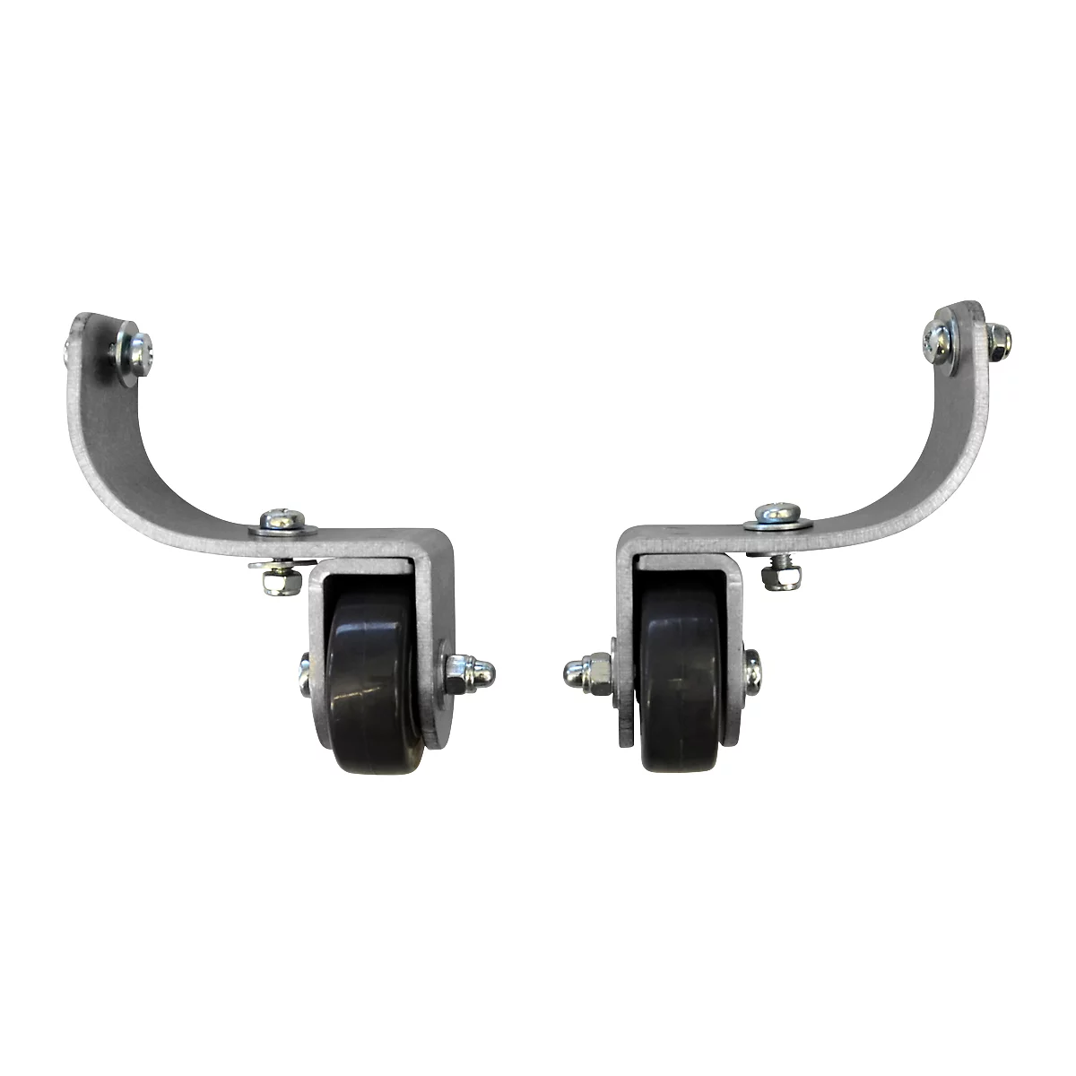Two gray metal brackets, each with a black roller, screwed with nuts and bolts.
