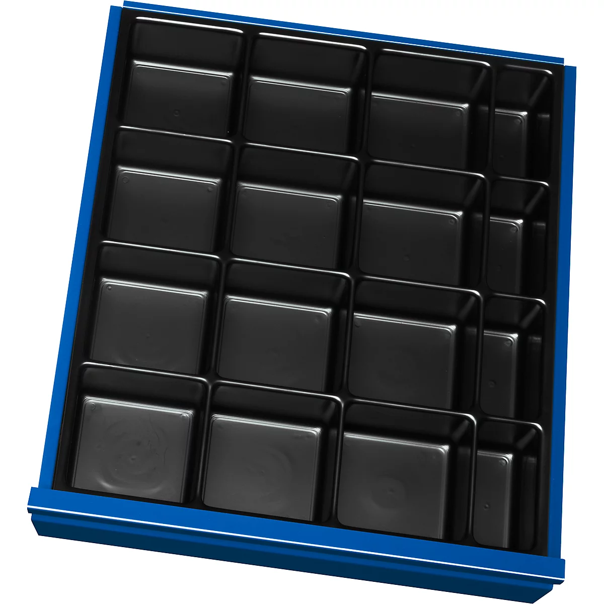 Black drawer with square compartments, surrounded by a blue frame.