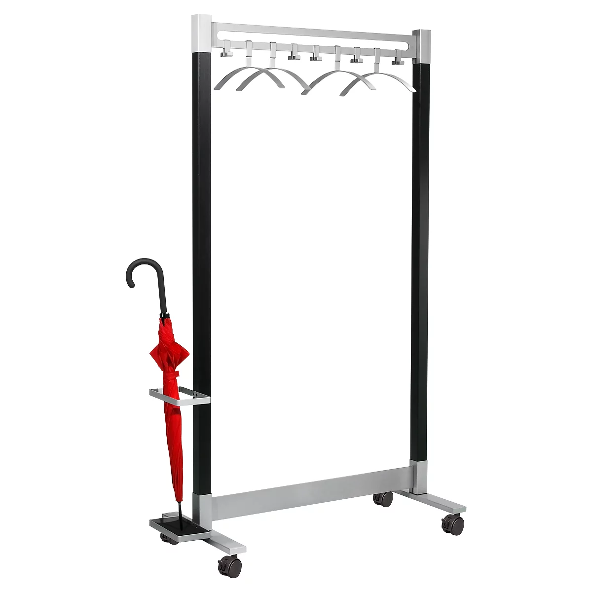Clothes stand with seven hangers, red umbrella and castors. On black and silver frame.