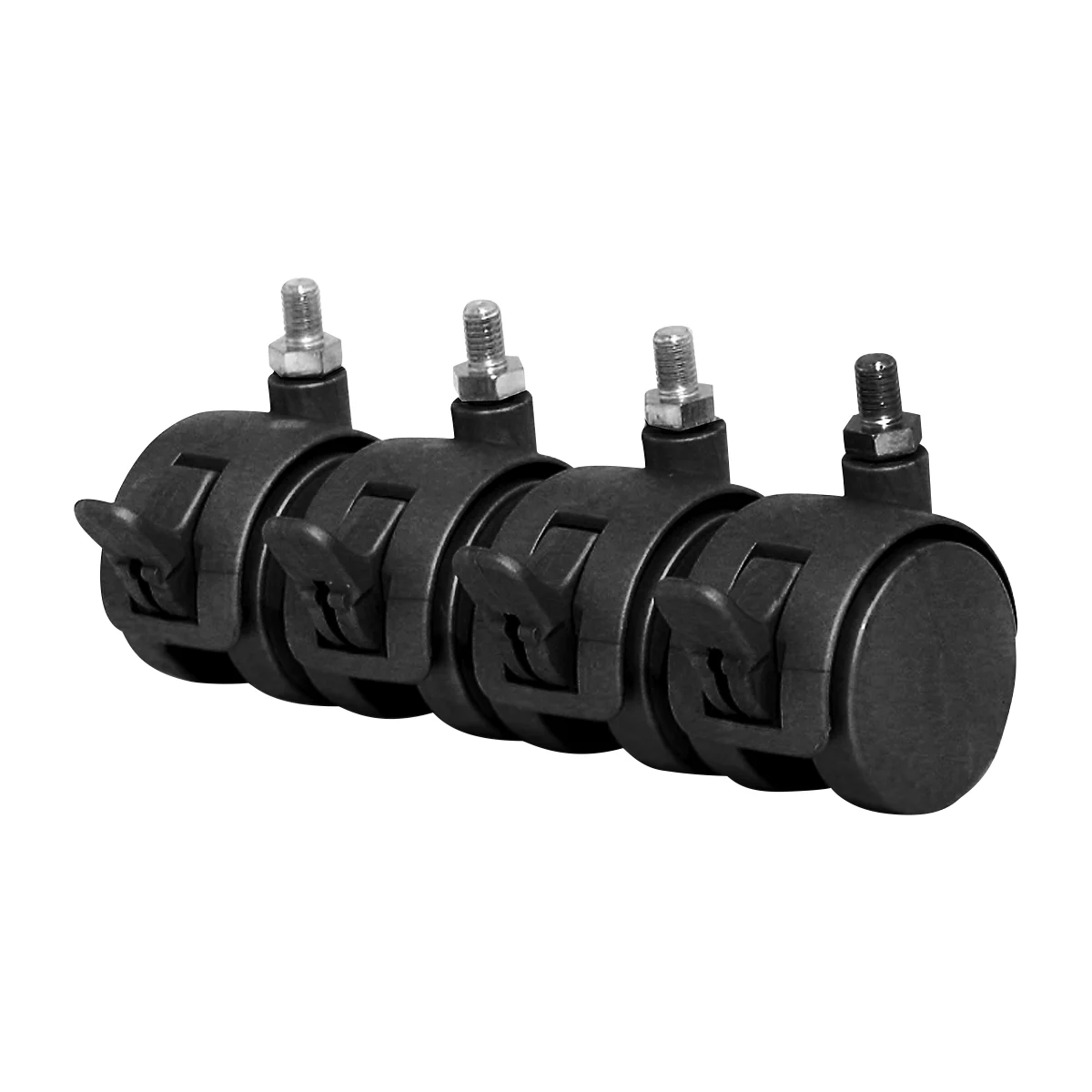 Four black furniture castors in a row, with threaded spindles and locking levers.