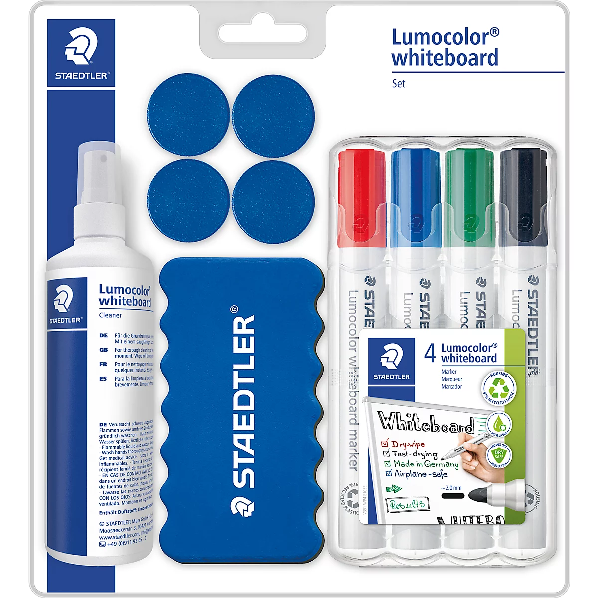 Set pour tableau blanc Staedtler Lumocolor 613 S, y compris 4 marqueurs pour tableau blanc, un effaceur, un spray de nettoyage et des aimants