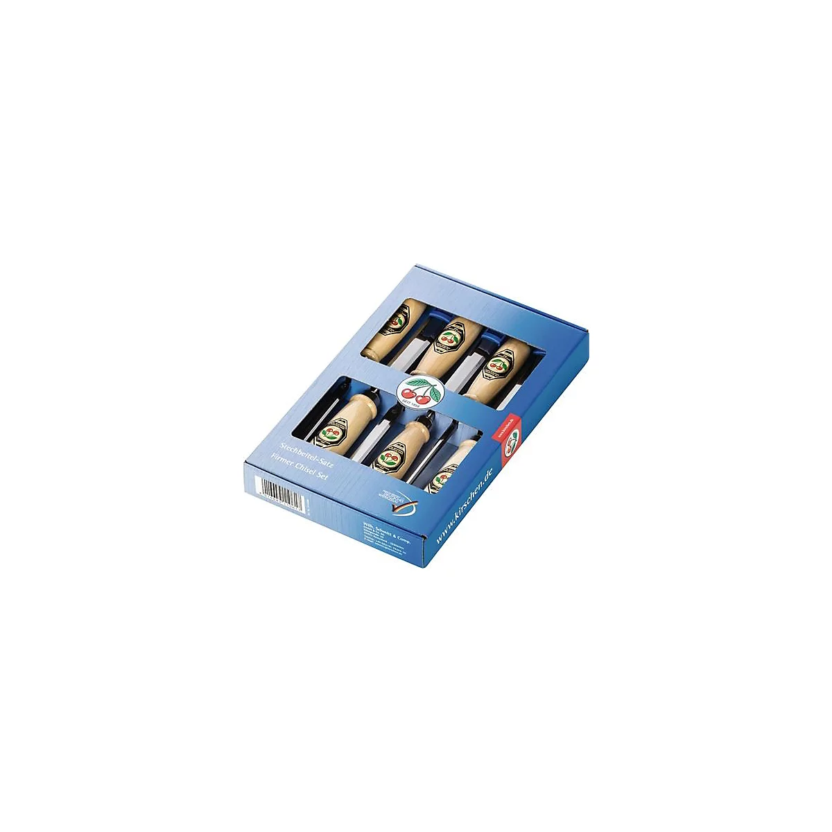Beitelset in blauwe doos. Houten handvatten met kersenlogo, messen in sleuven.